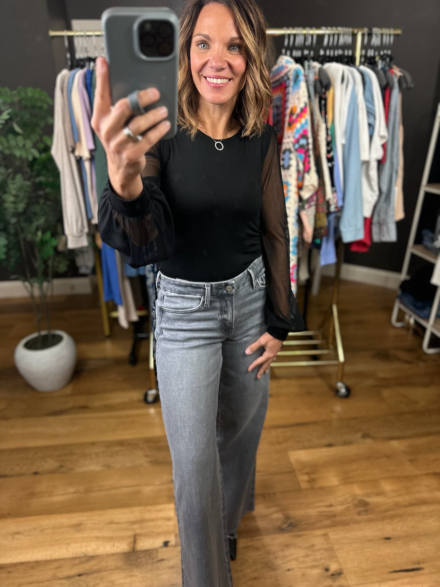 Looking Back Sheer-Sleeve Bodysuit-Long Sleeves-Wasabi & Mint-Anna Kaytes Boutique, Women's Fashion Boutique in Grinnell, Iowa