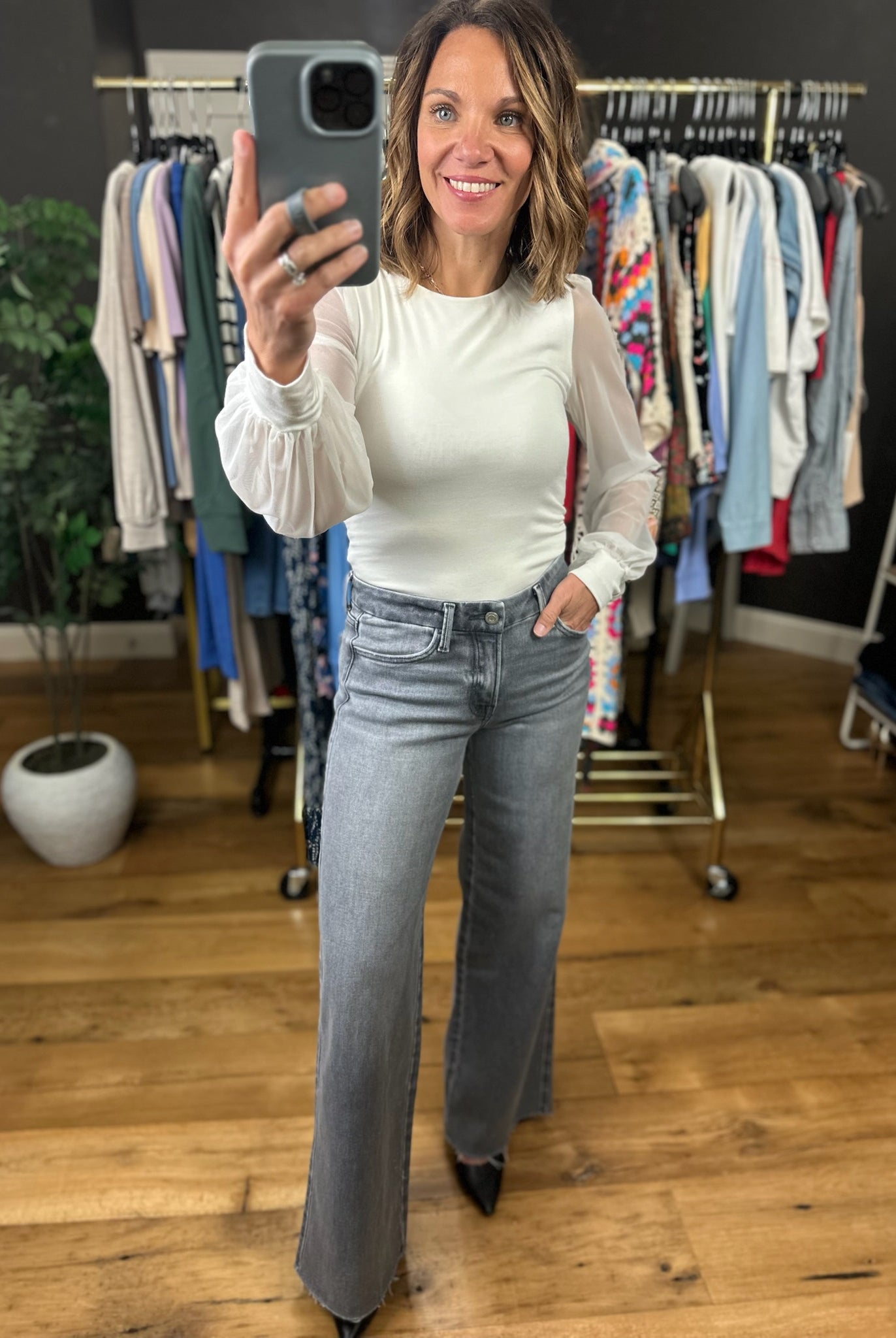 Looking Back Sheer-Sleeve Bodysuit-Long Sleeves-Wasabi & Mint-Anna Kaytes Boutique, Women's Fashion Boutique in Grinnell, Iowa