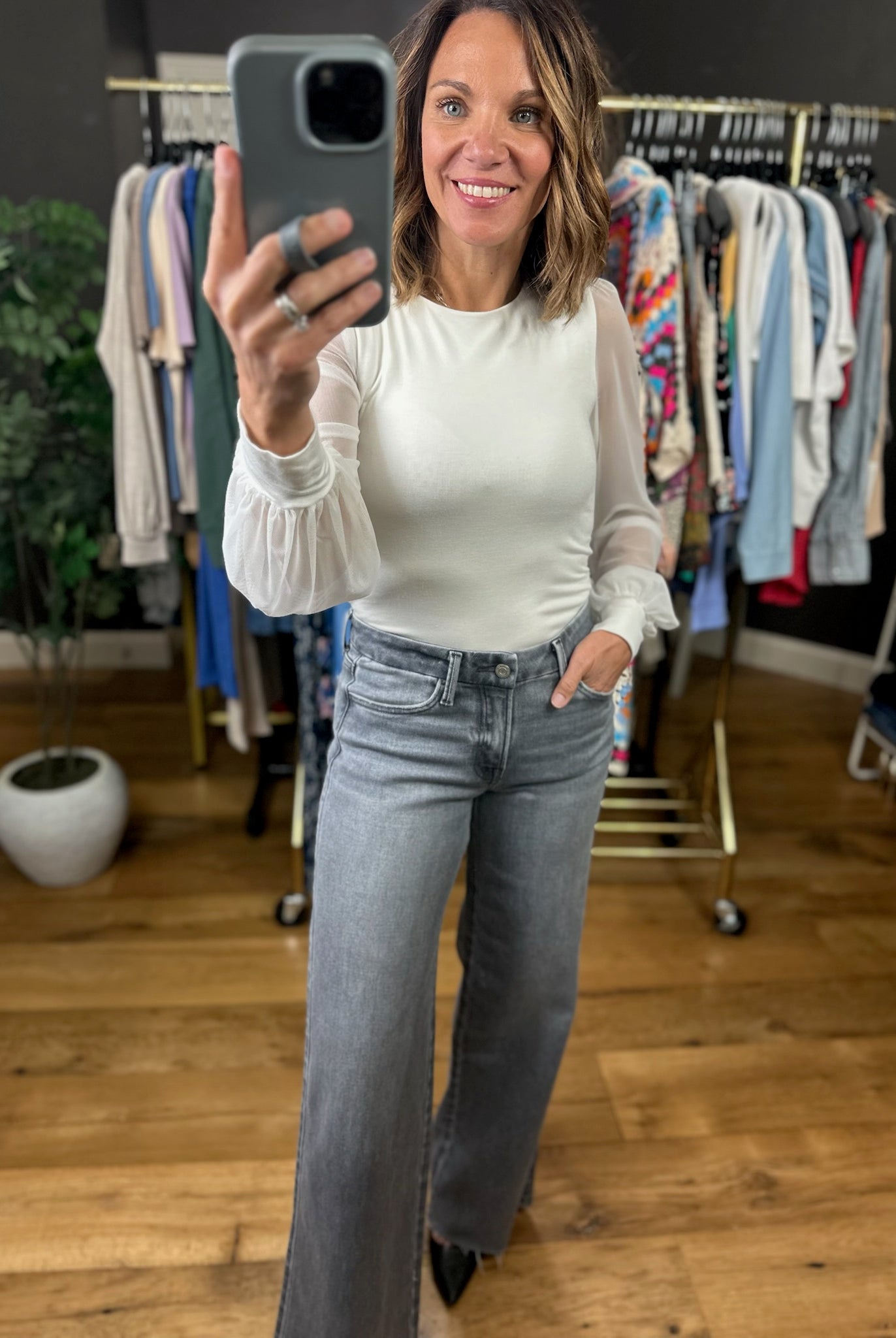 Looking Back Sheer-Sleeve Bodysuit-Long Sleeves-Wasabi & Mint-Anna Kaytes Boutique, Women's Fashion Boutique in Grinnell, Iowa