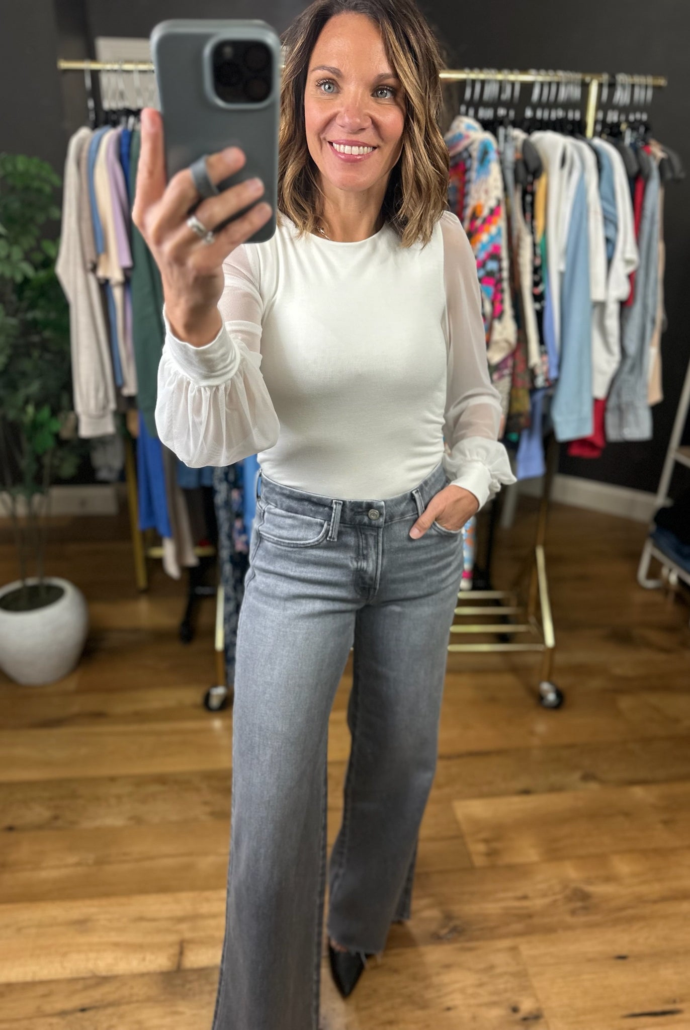 Looking Back Sheer-Sleeve Bodysuit-Long Sleeves-Wasabi & Mint-Anna Kaytes Boutique, Women's Fashion Boutique in Grinnell, Iowa