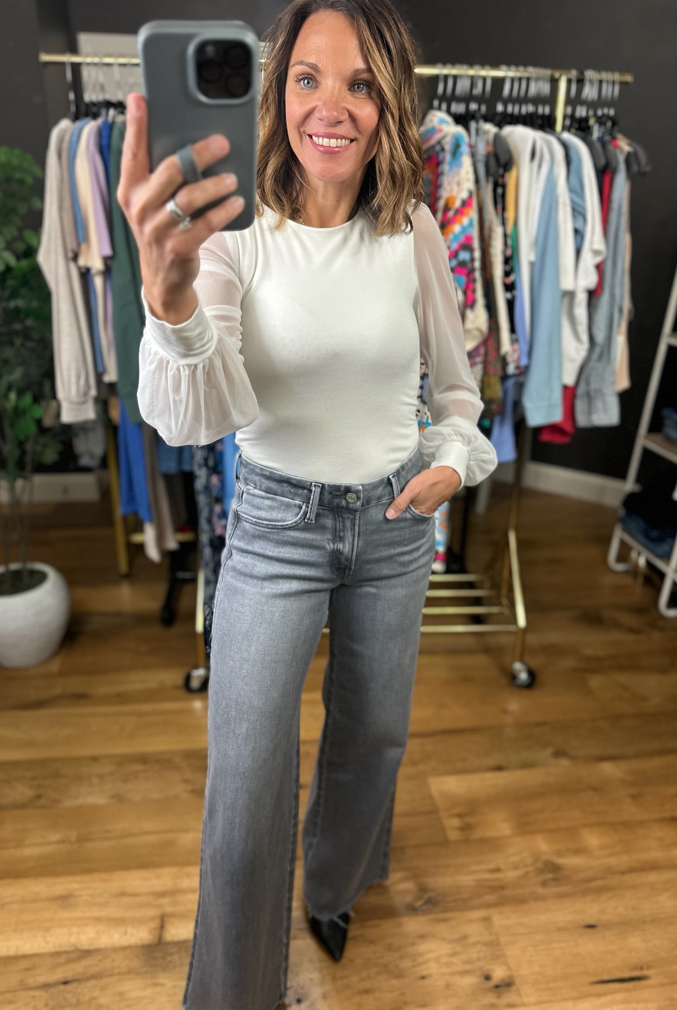 Looking Back Sheer-Sleeve Bodysuit-Long Sleeves-Wasabi & Mint-Anna Kaytes Boutique, Women's Fashion Boutique in Grinnell, Iowa