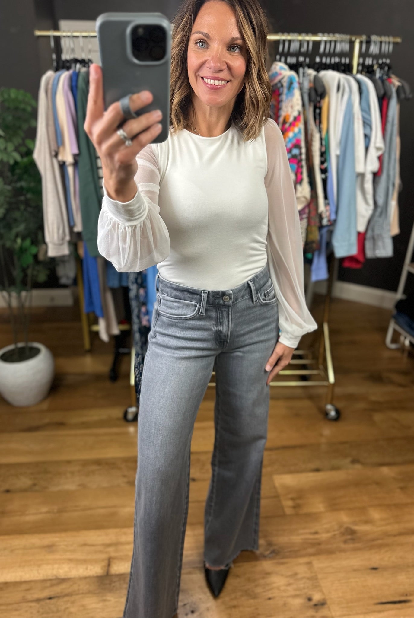 Looking Back Sheer-Sleeve Bodysuit-Long Sleeves-Wasabi & Mint-Anna Kaytes Boutique, Women's Fashion Boutique in Grinnell, Iowa