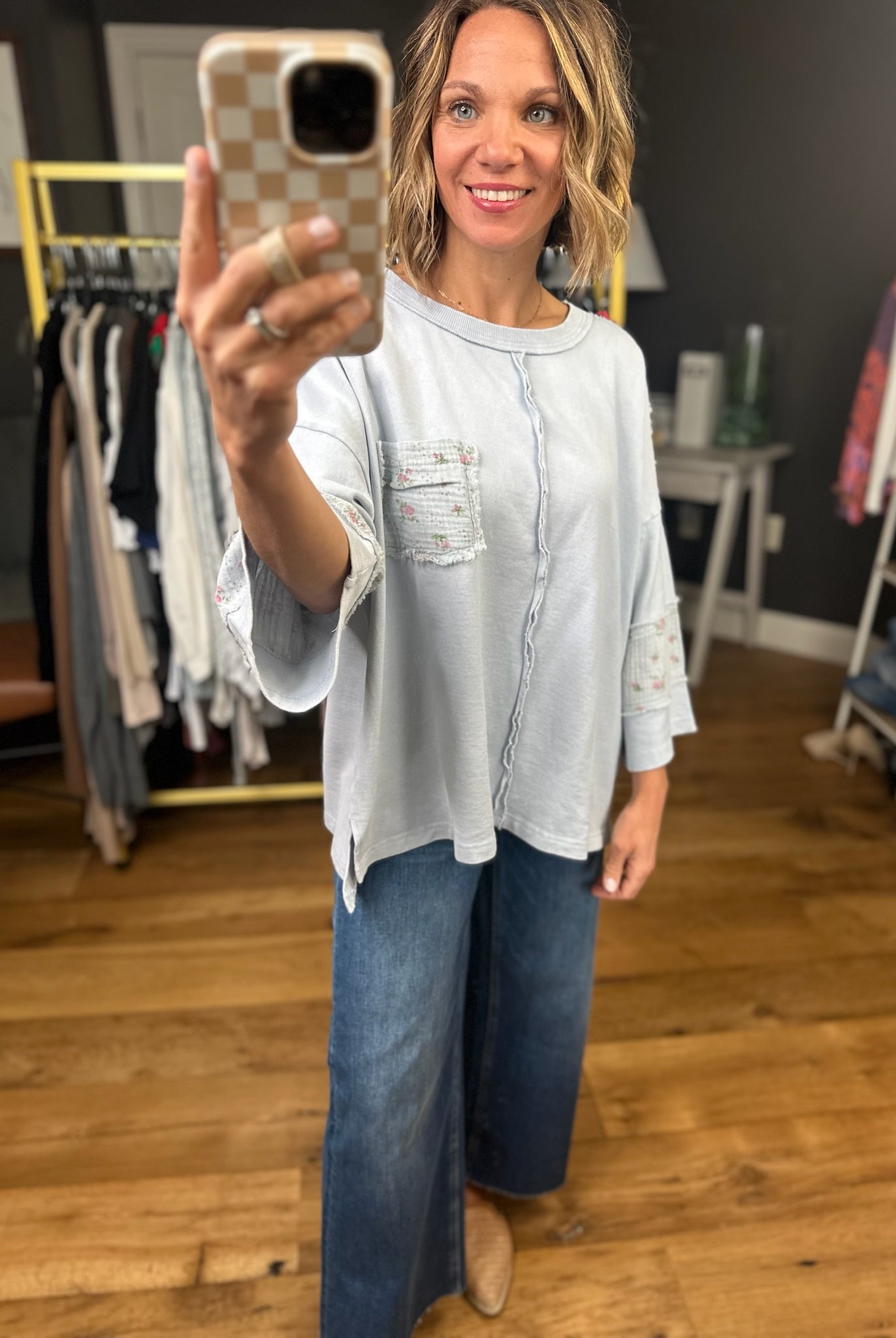 Spring Cheer Oversized Floral Detail Top - Cotton Blue-Easel-Anna Kaytes Boutique, Women's Fashion Boutique in Grinnell, Iowa