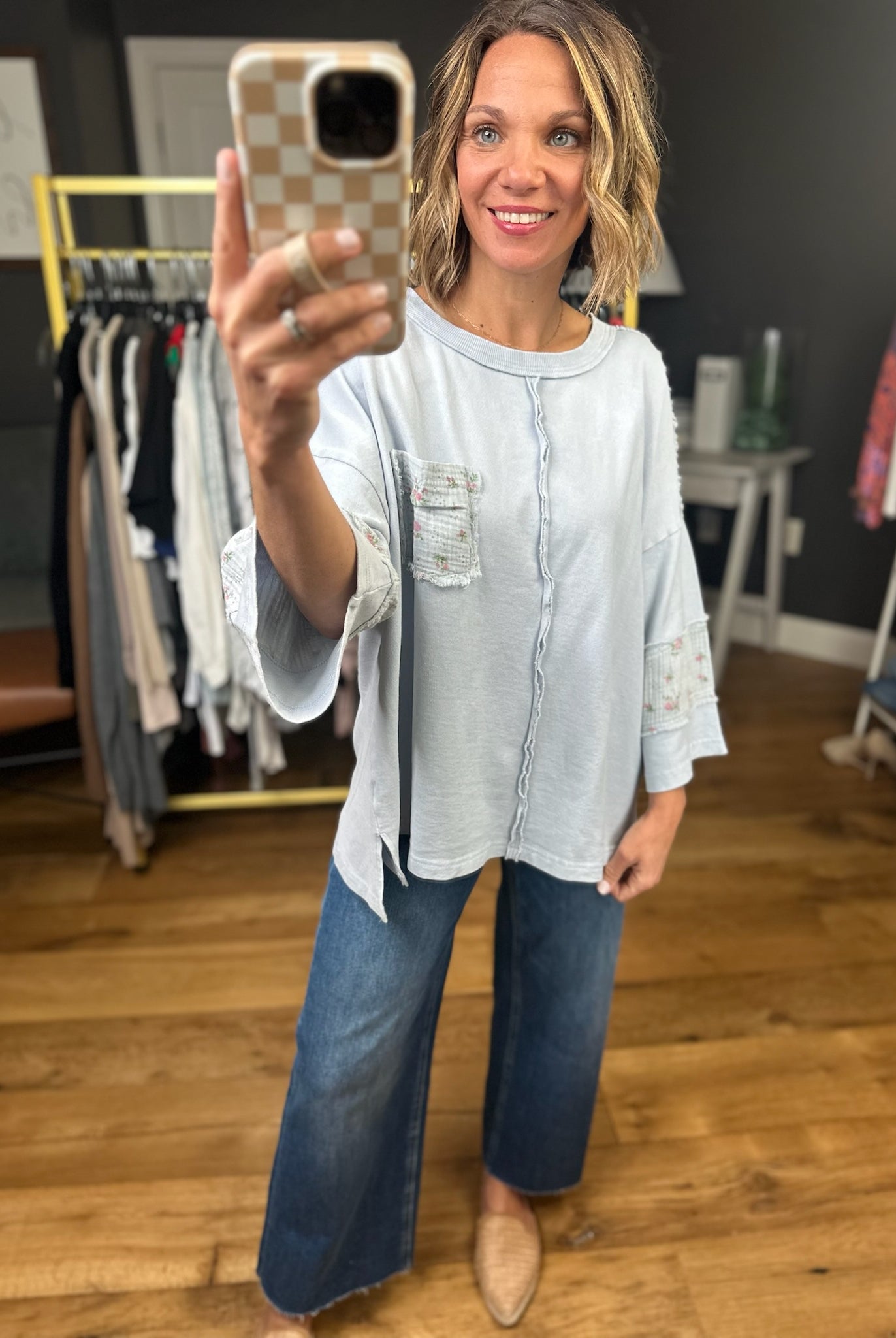 Spring Cheer Oversized Floral Detail Top - Cotton Blue-Easel-Anna Kaytes Boutique, Women's Fashion Boutique in Grinnell, Iowa