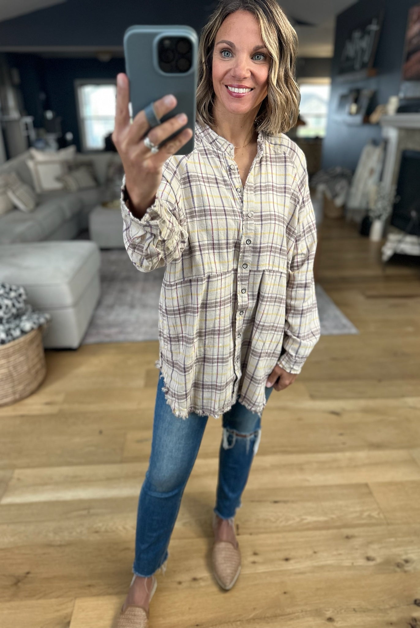 Right Back There Pocket Plaid Button-Down Top-Long Sleeves-In Loom-Anna Kaytes Boutique, Women's Fashion Boutique in Grinnell, Iowa