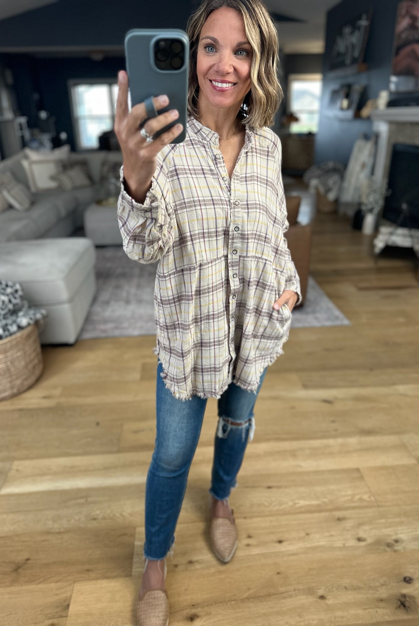 Right Back There Pocket Plaid Button-Down Top-Long Sleeves-In Loom-Anna Kaytes Boutique, Women's Fashion Boutique in Grinnell, Iowa