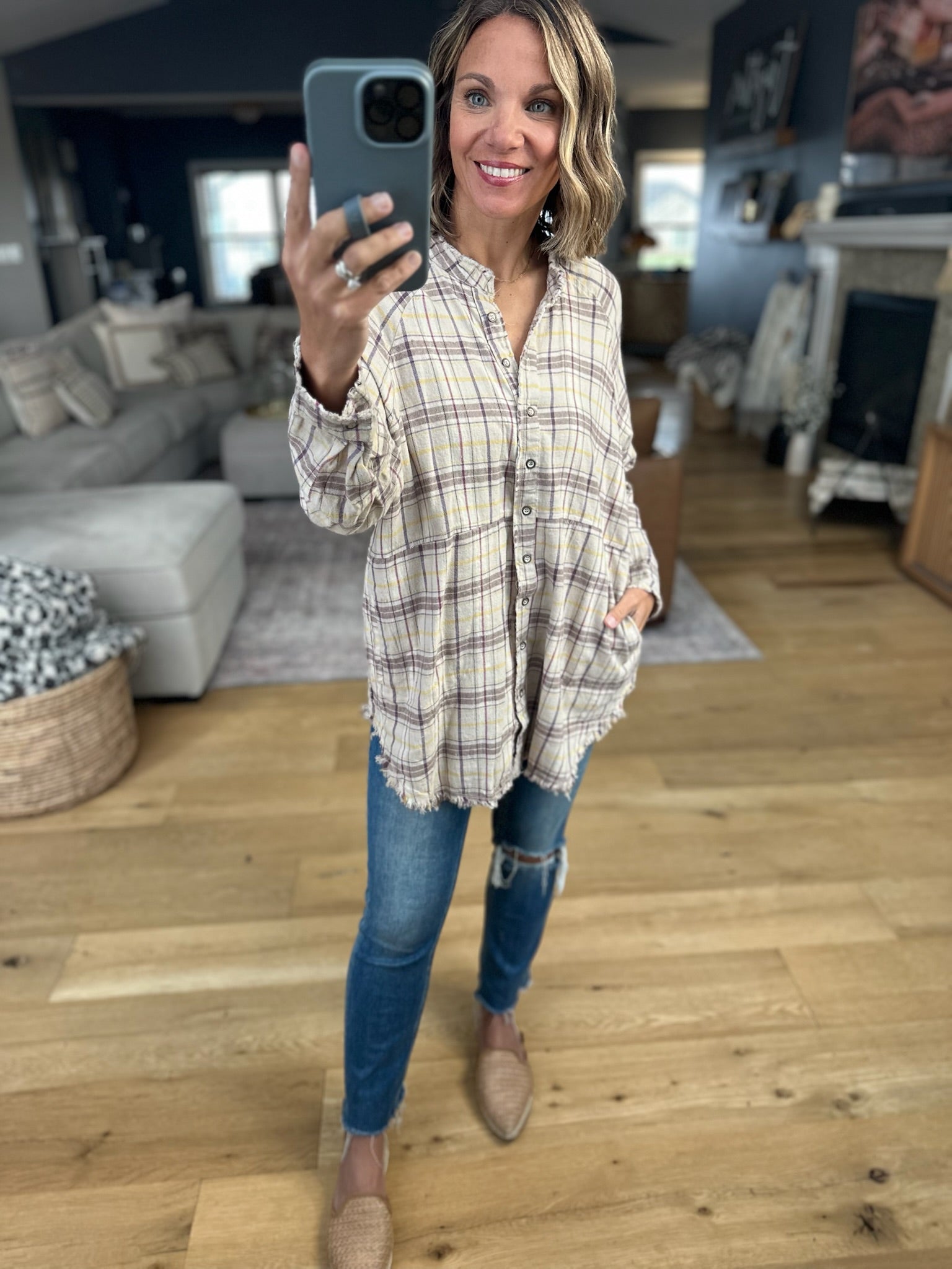 Right Back There Pocket Plaid Button-Down Top-Long Sleeves-In Loom-Anna Kaytes Boutique, Women's Fashion Boutique in Grinnell, Iowa