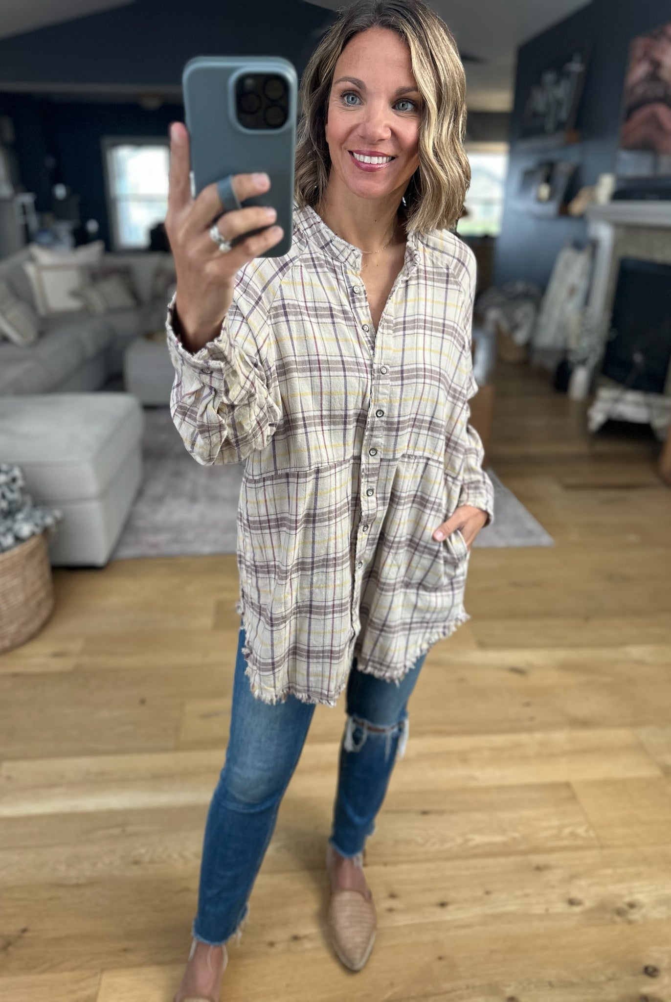 Right Back There Pocket Plaid Button-Down Top-Long Sleeves-In Loom-Anna Kaytes Boutique, Women's Fashion Boutique in Grinnell, Iowa