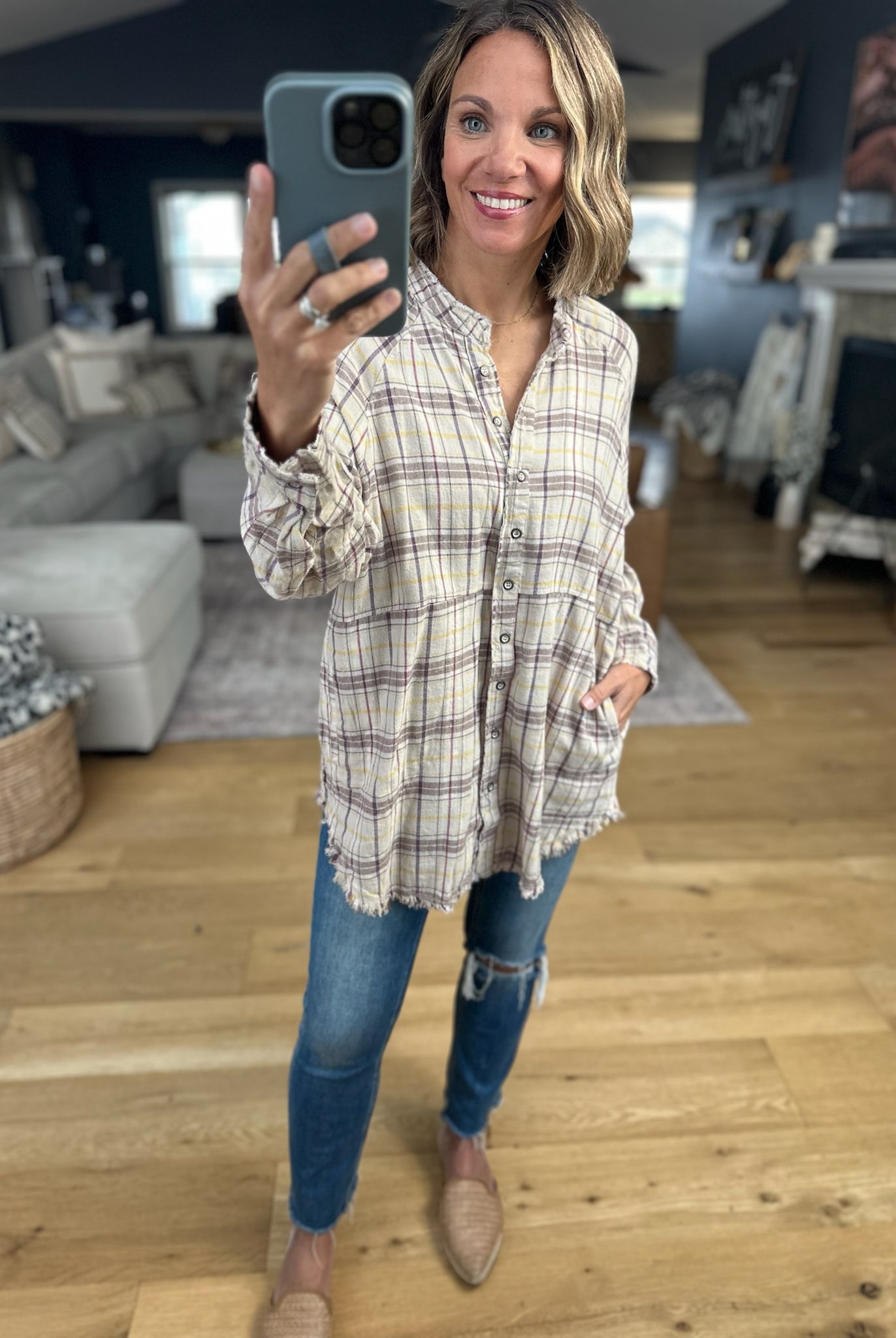 Right Back There Pocket Plaid Button-Down Top-Long Sleeves-In Loom-Anna Kaytes Boutique, Women's Fashion Boutique in Grinnell, Iowa