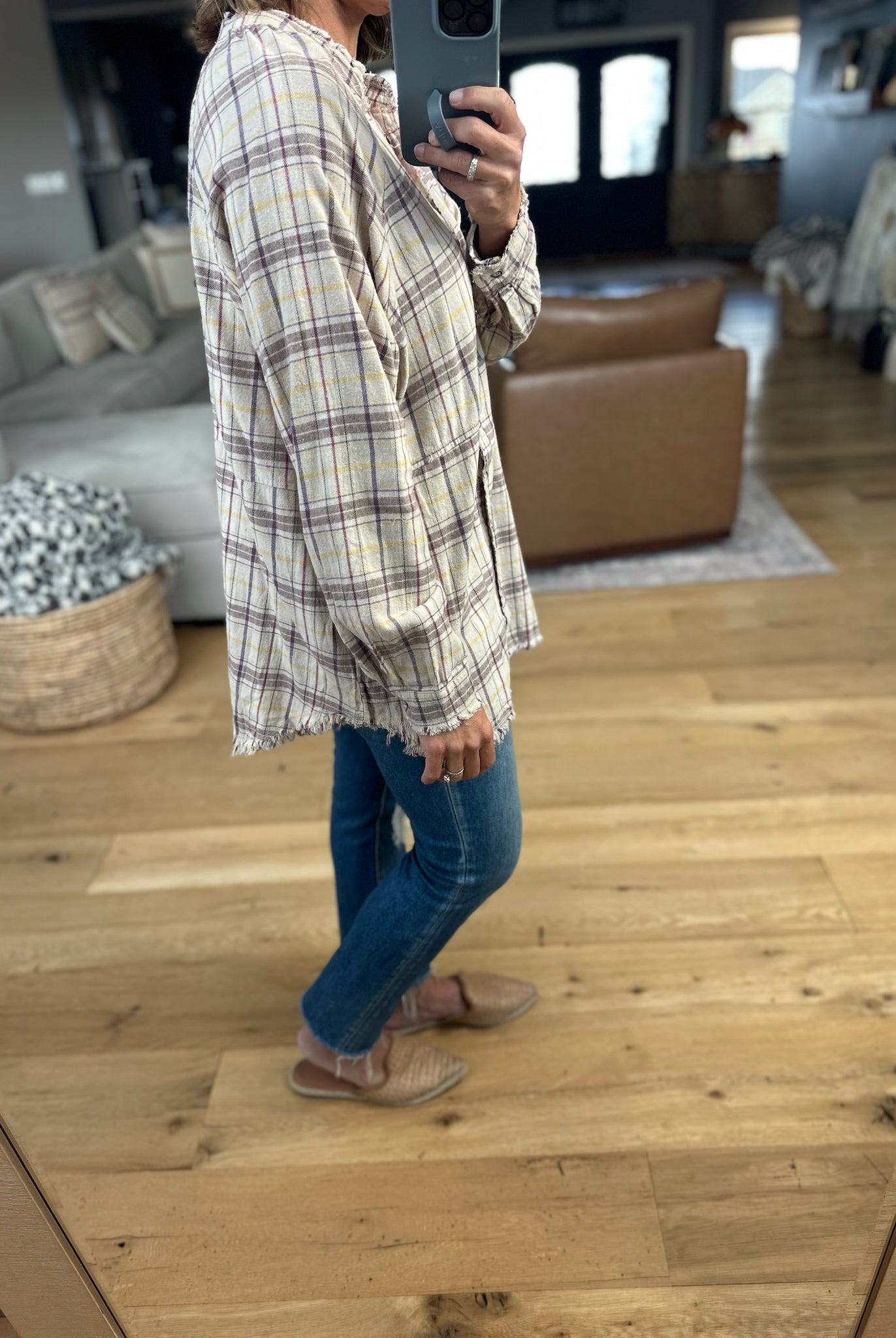 Right Back There Pocket Plaid Button-Down Top-Long Sleeves-In Loom-Anna Kaytes Boutique, Women's Fashion Boutique in Grinnell, Iowa