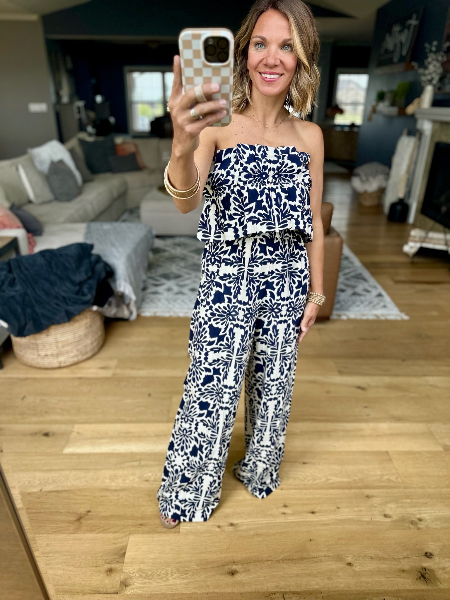 Seek You Out Patterned Jumpsuit - Navy/Ivory-Skies Are Blue-Anna Kaytes Boutique, Women's Fashion Boutique in Grinnell, Iowa
