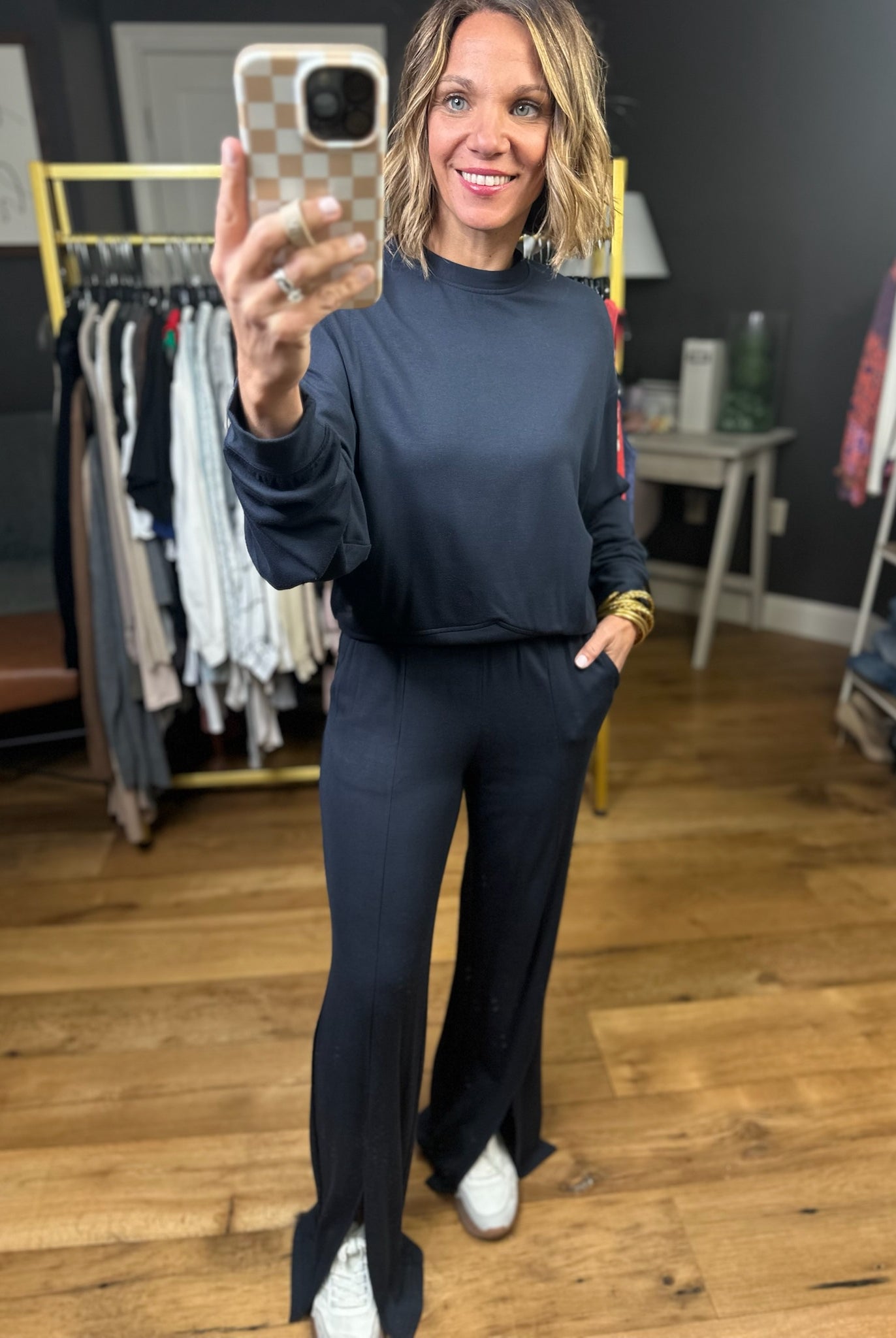 The Kelsey Split Hem Pant + Crew Top Set - Navy-Mono B-Anna Kaytes Boutique, Women's Fashion Boutique in Grinnell, Iowa