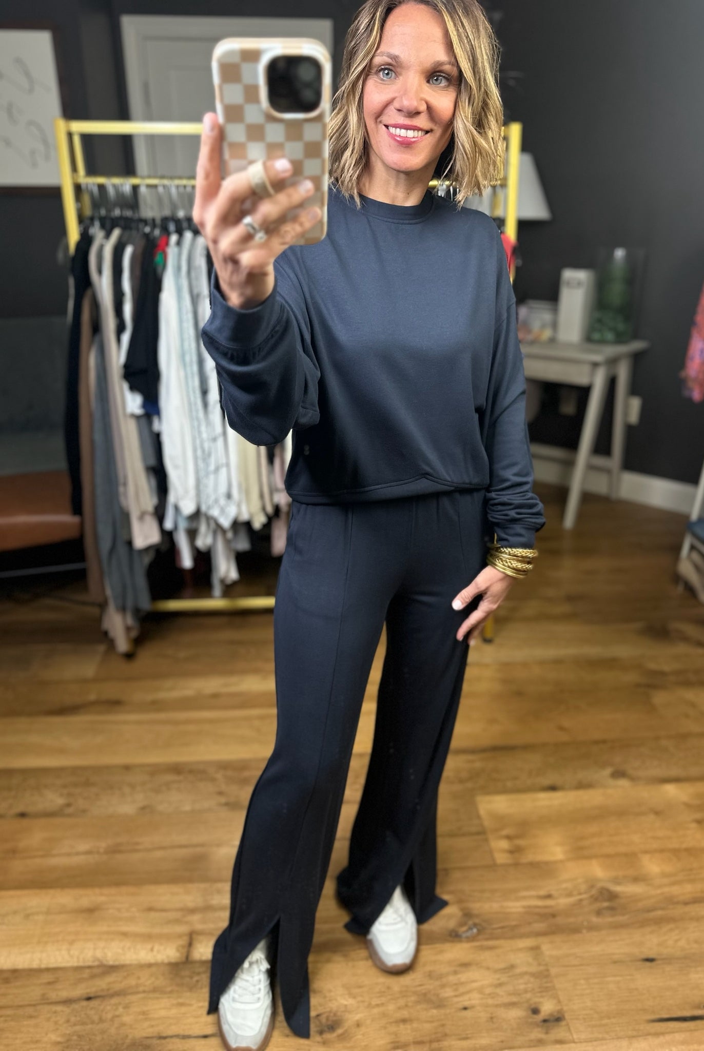 The Kelsey Split Hem Pant + Crew Top Set - Navy-Mono B-Anna Kaytes Boutique, Women's Fashion Boutique in Grinnell, Iowa