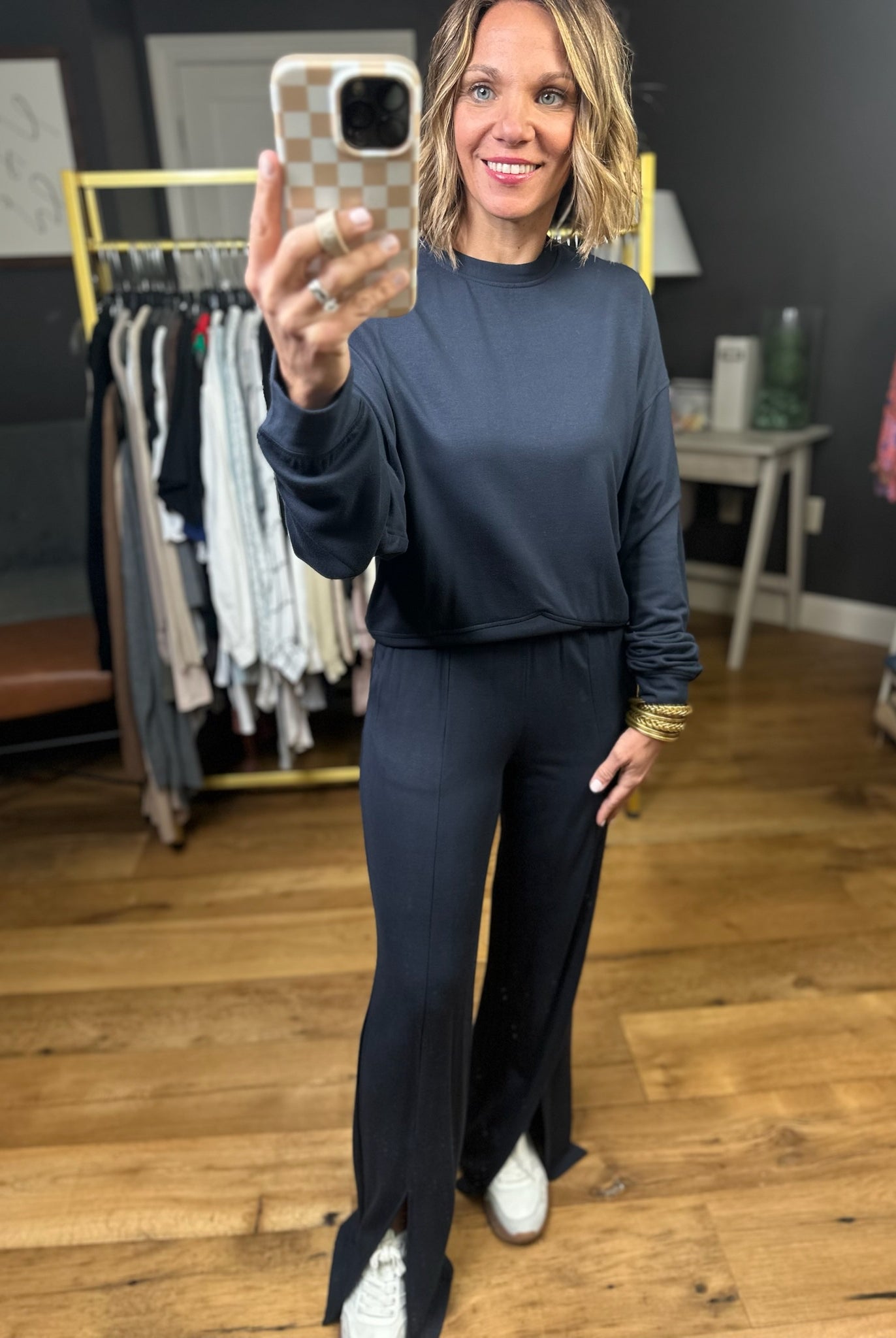 The Kelsey Split Hem Pant + Crew Top Set - Navy-Mono B-Anna Kaytes Boutique, Women's Fashion Boutique in Grinnell, Iowa