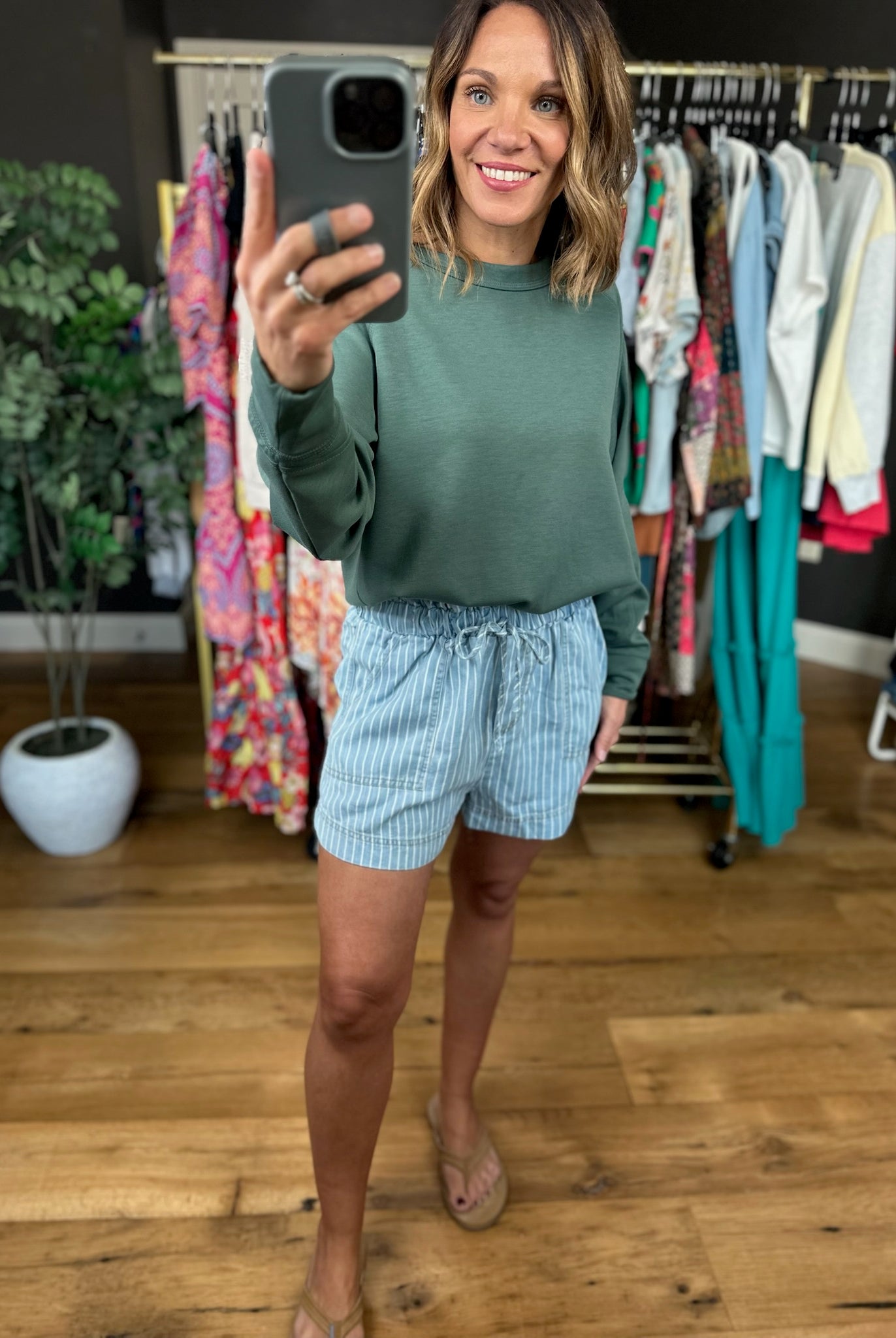 The Noah Pinstripe Chambray Paperbag Shorts-Shorts-Blu Pepper-Anna Kaytes Boutique, Women's Fashion Boutique in Grinnell, Iowa