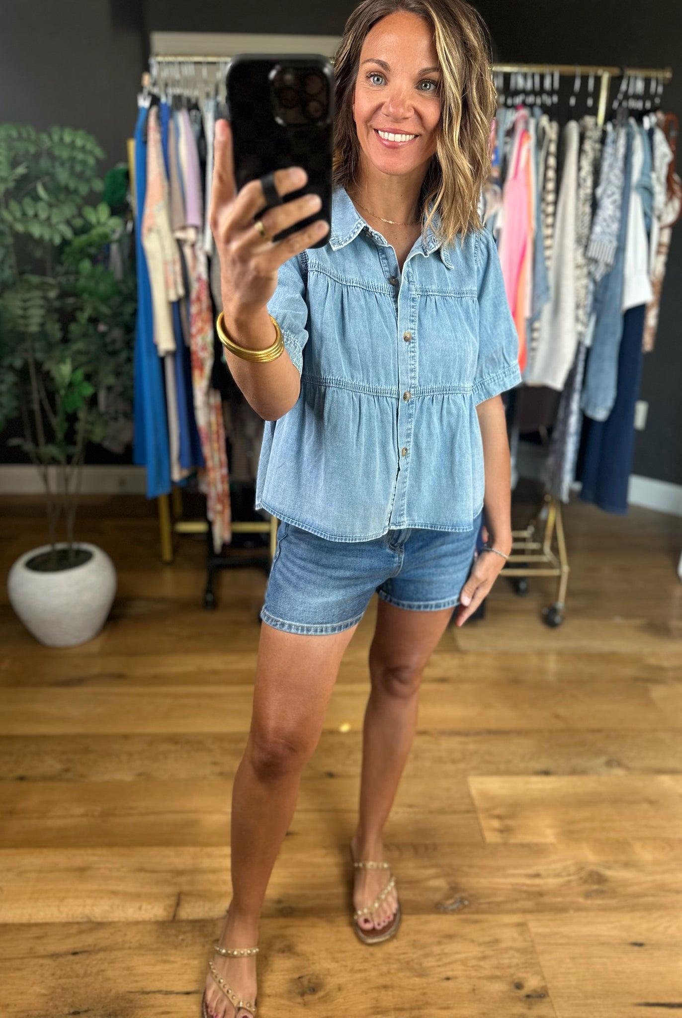 Bring It Up Tiered Denim Top-Short Sleeves-Wishlist-Anna Kaytes Boutique, Women's Fashion Boutique in Grinnell, Iowa