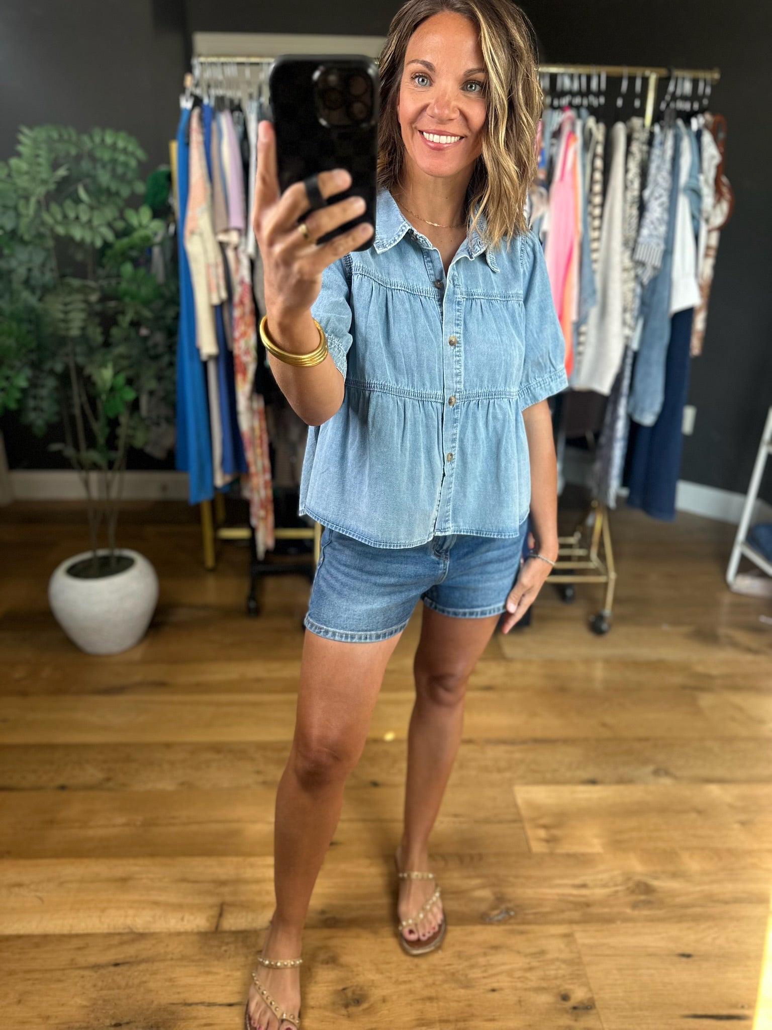 Bring It Up Tiered Denim Top-Short Sleeves-Wishlist-Anna Kaytes Boutique, Women's Fashion Boutique in Grinnell, Iowa
