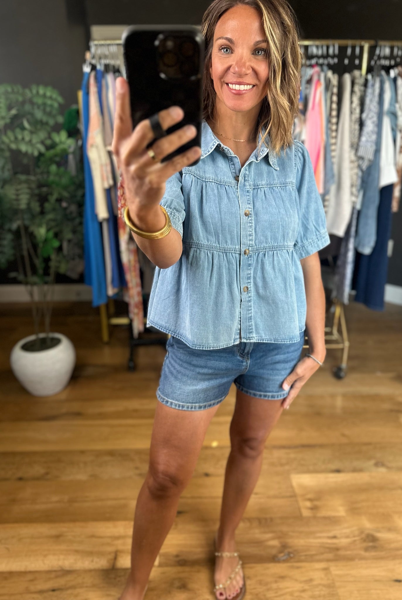 Bring It Up Tiered Denim Top-Short Sleeves-Wishlist-Anna Kaytes Boutique, Women's Fashion Boutique in Grinnell, Iowa