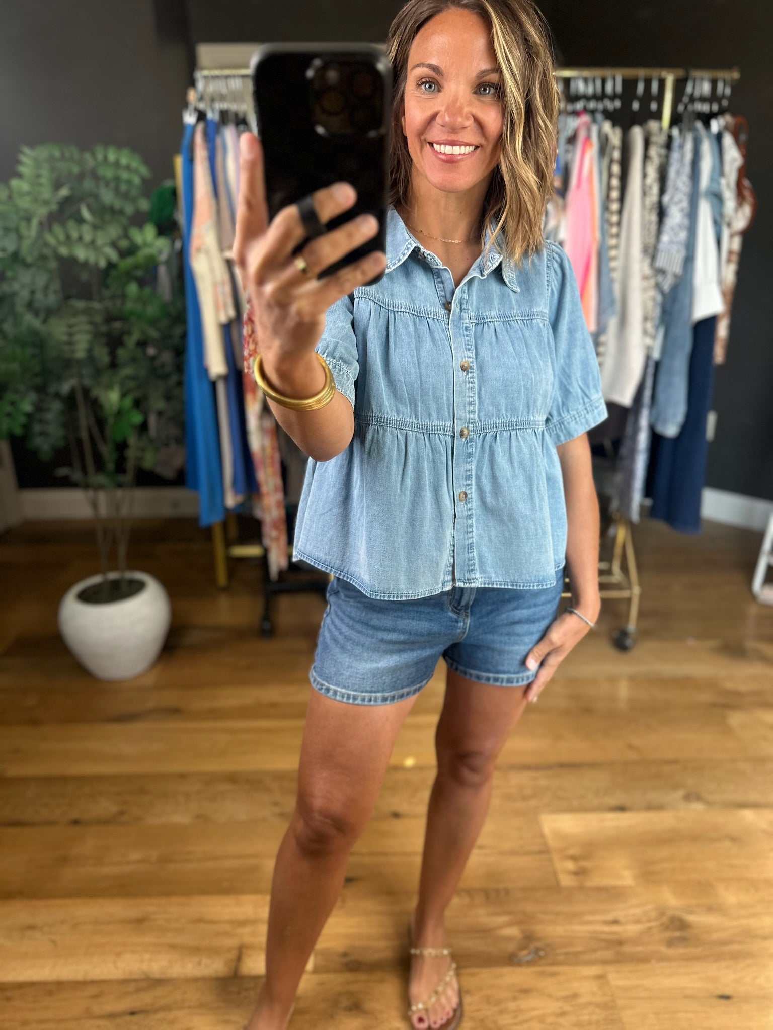 Bring It Up Tiered Denim Top-Short Sleeves-Wishlist-Anna Kaytes Boutique, Women's Fashion Boutique in Grinnell, Iowa