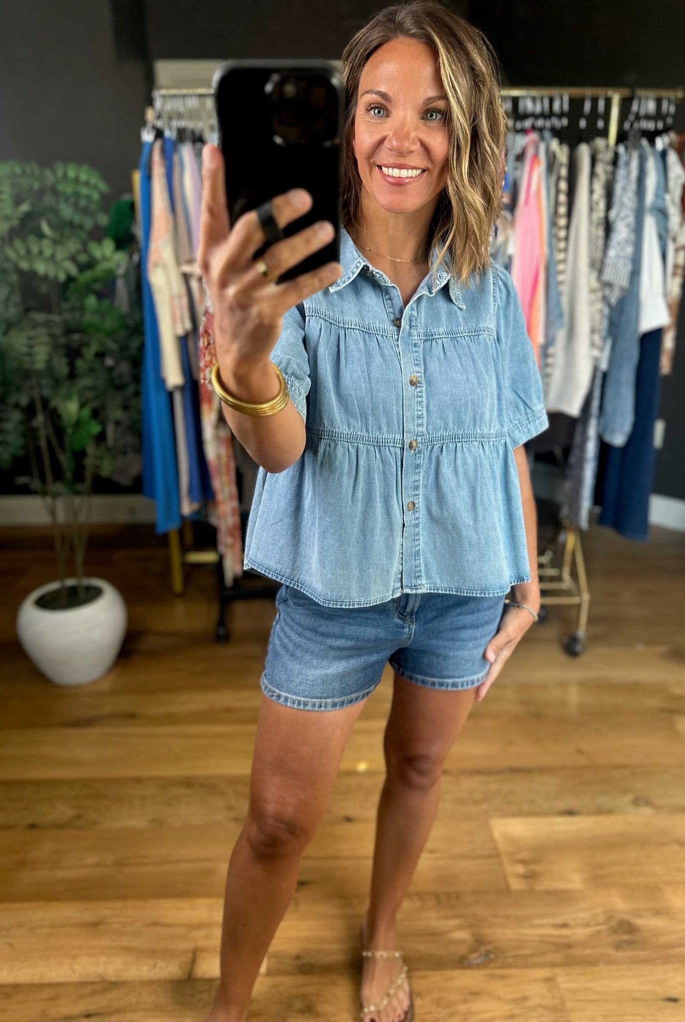 Bring It Up Tiered Denim Top-Short Sleeves-Wishlist-Anna Kaytes Boutique, Women's Fashion Boutique in Grinnell, Iowa
