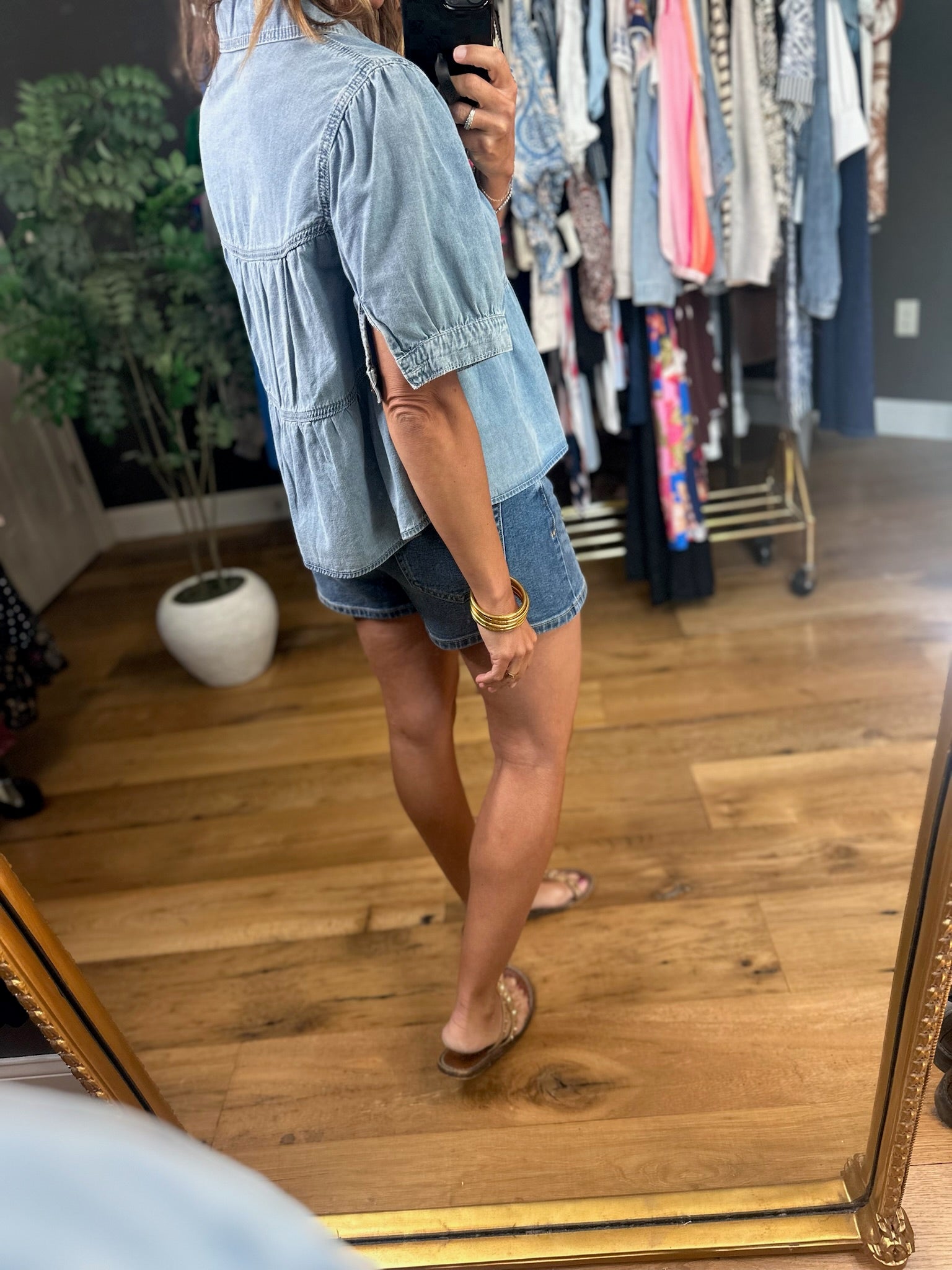 Bring It Up Tiered Denim Top-Short Sleeves-Wishlist-Anna Kaytes Boutique, Women's Fashion Boutique in Grinnell, Iowa
