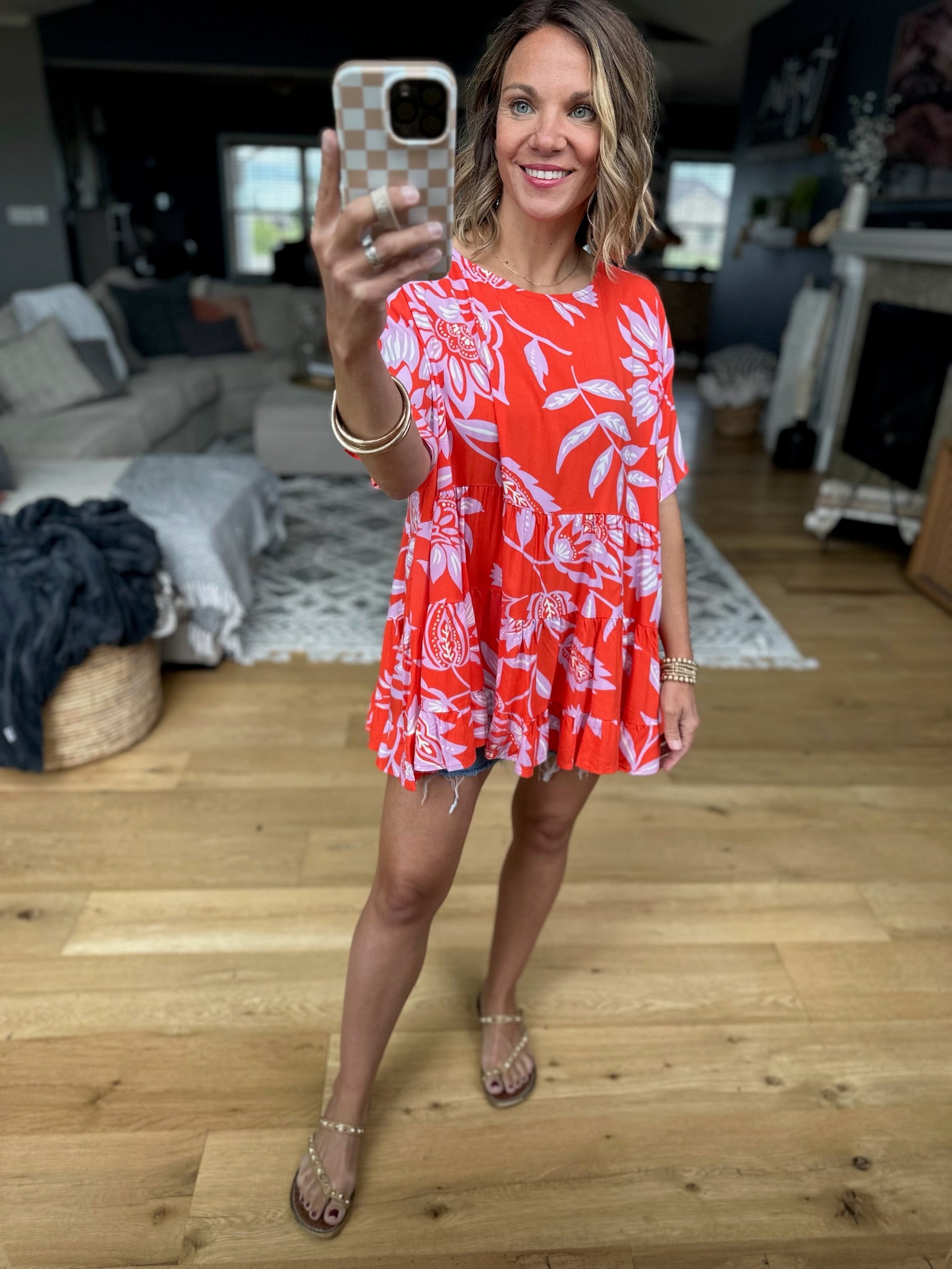 Met You In The Summer Oversized Tiered Top - Hot Coral-Easel-Anna Kaytes Boutique, Women's Fashion Boutique in Grinnell, Iowa