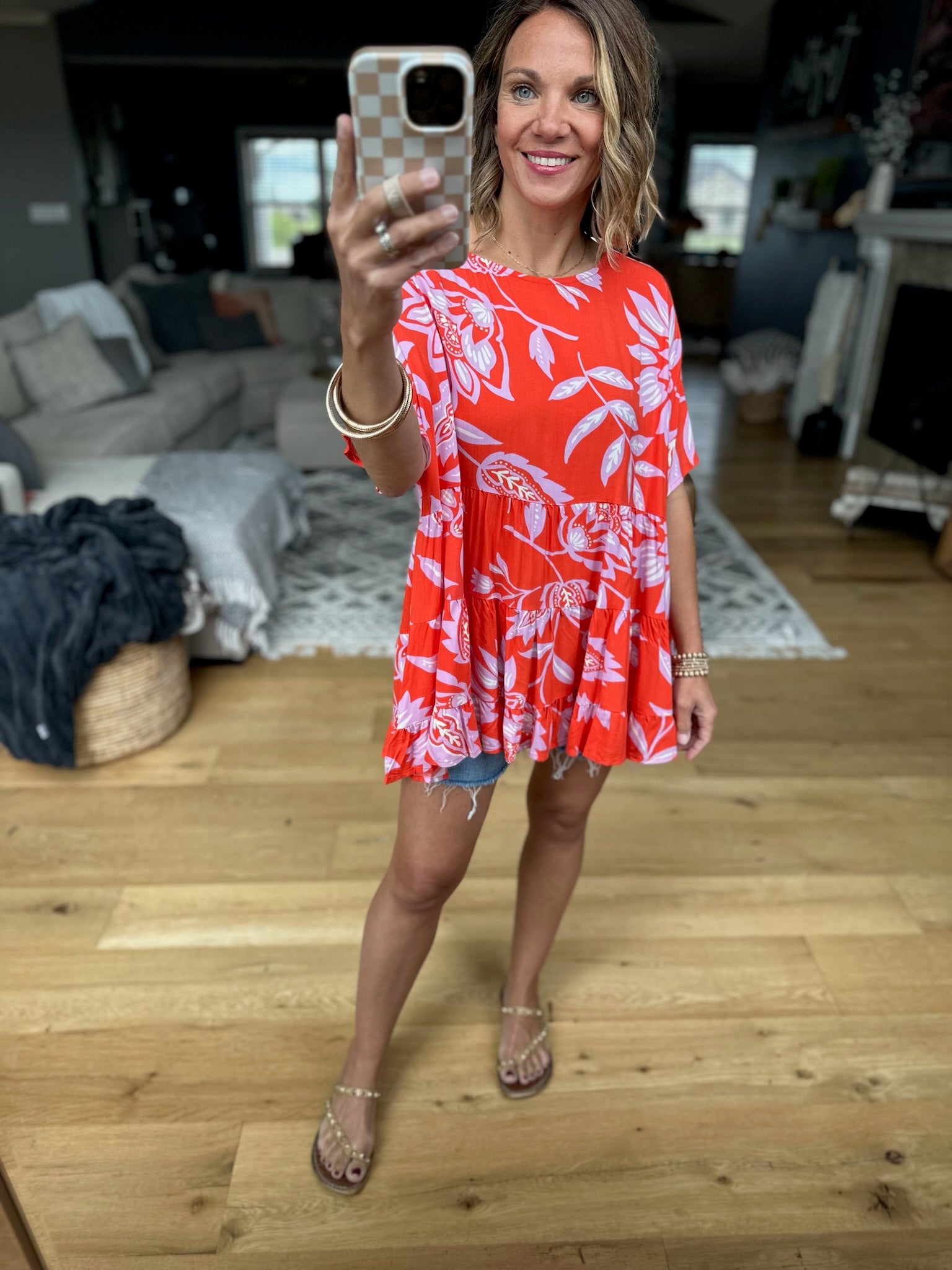 Met You In The Summer Oversized Tiered Top - Hot Coral-Easel-Anna Kaytes Boutique, Women's Fashion Boutique in Grinnell, Iowa