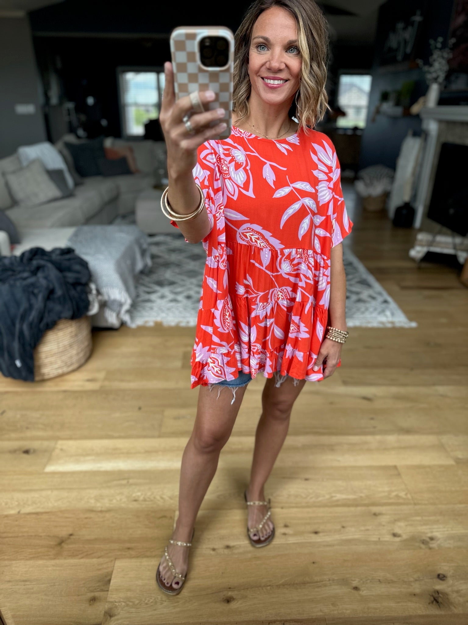 Met You In The Summer Oversized Tiered Top - Hot Coral-Easel-Anna Kaytes Boutique, Women's Fashion Boutique in Grinnell, Iowa