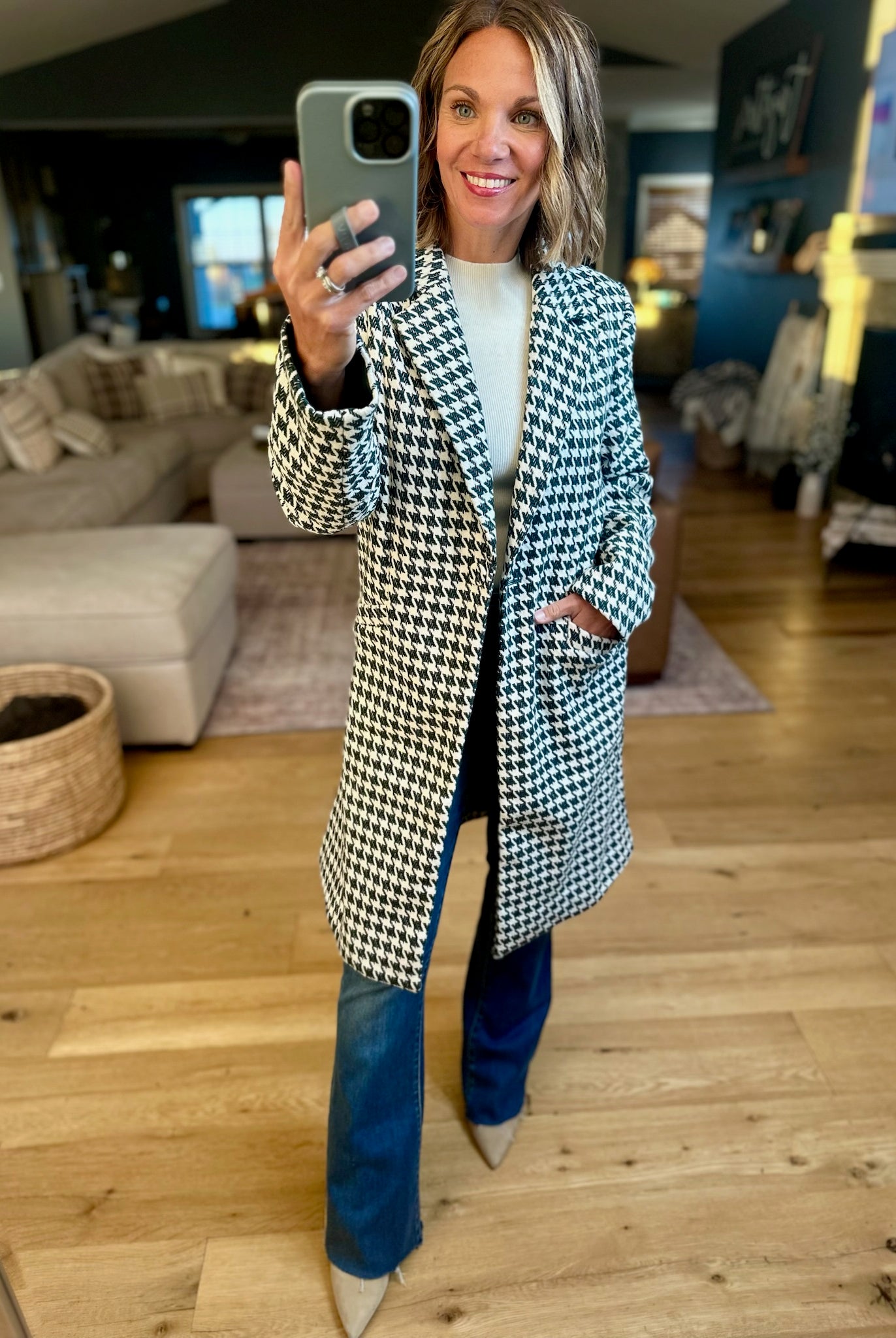 The Elliott Houndstooth Coat - Hunter Green-Jackets-Skies Are Blue-Anna Kaytes Boutique, Women's Fashion Boutique in Grinnell, Iowa