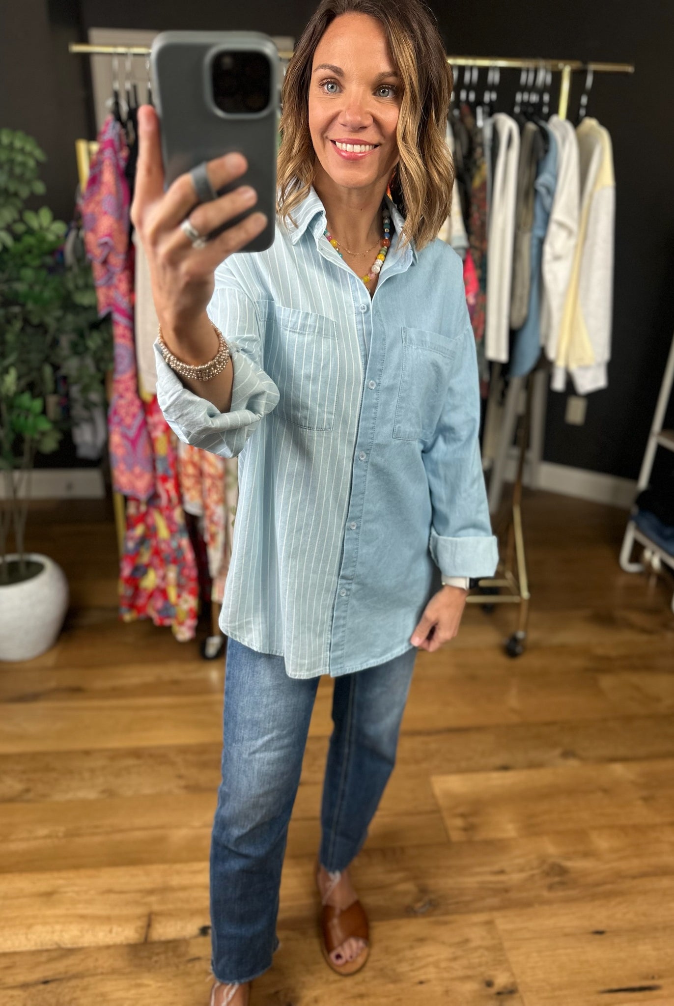 In The Clouds Two-Toned Denim Top-Sweaters-ee:some-Anna Kaytes Boutique, Women's Fashion Boutique in Grinnell, Iowa