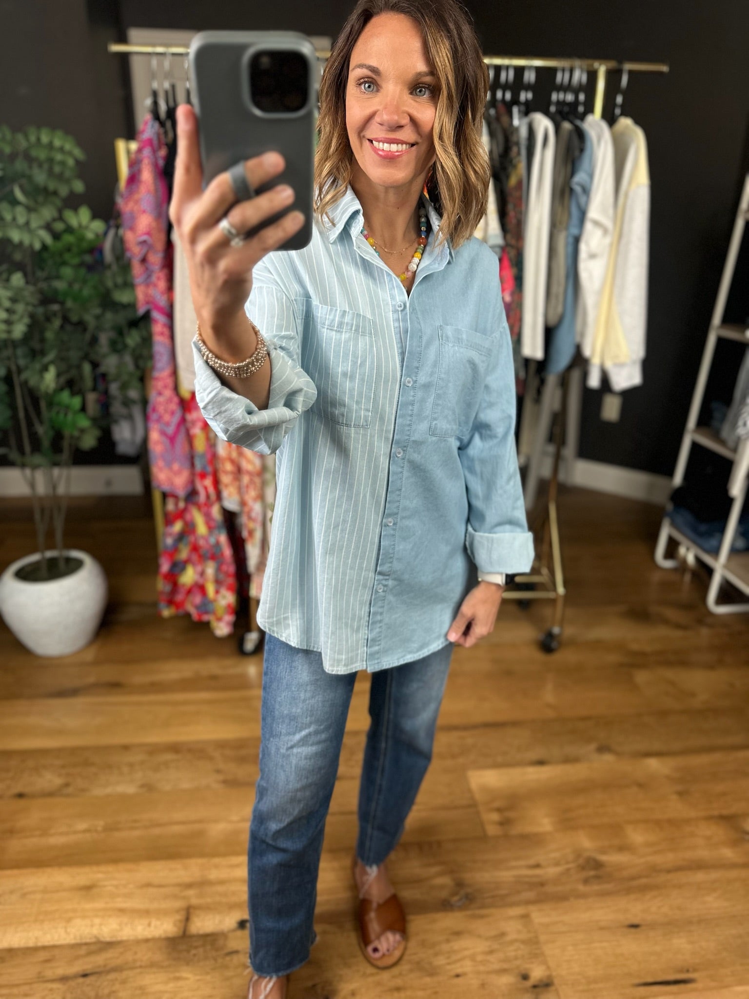 In The Clouds Two-Toned Denim Top-Sweaters-ee:some-Anna Kaytes Boutique, Women's Fashion Boutique in Grinnell, Iowa