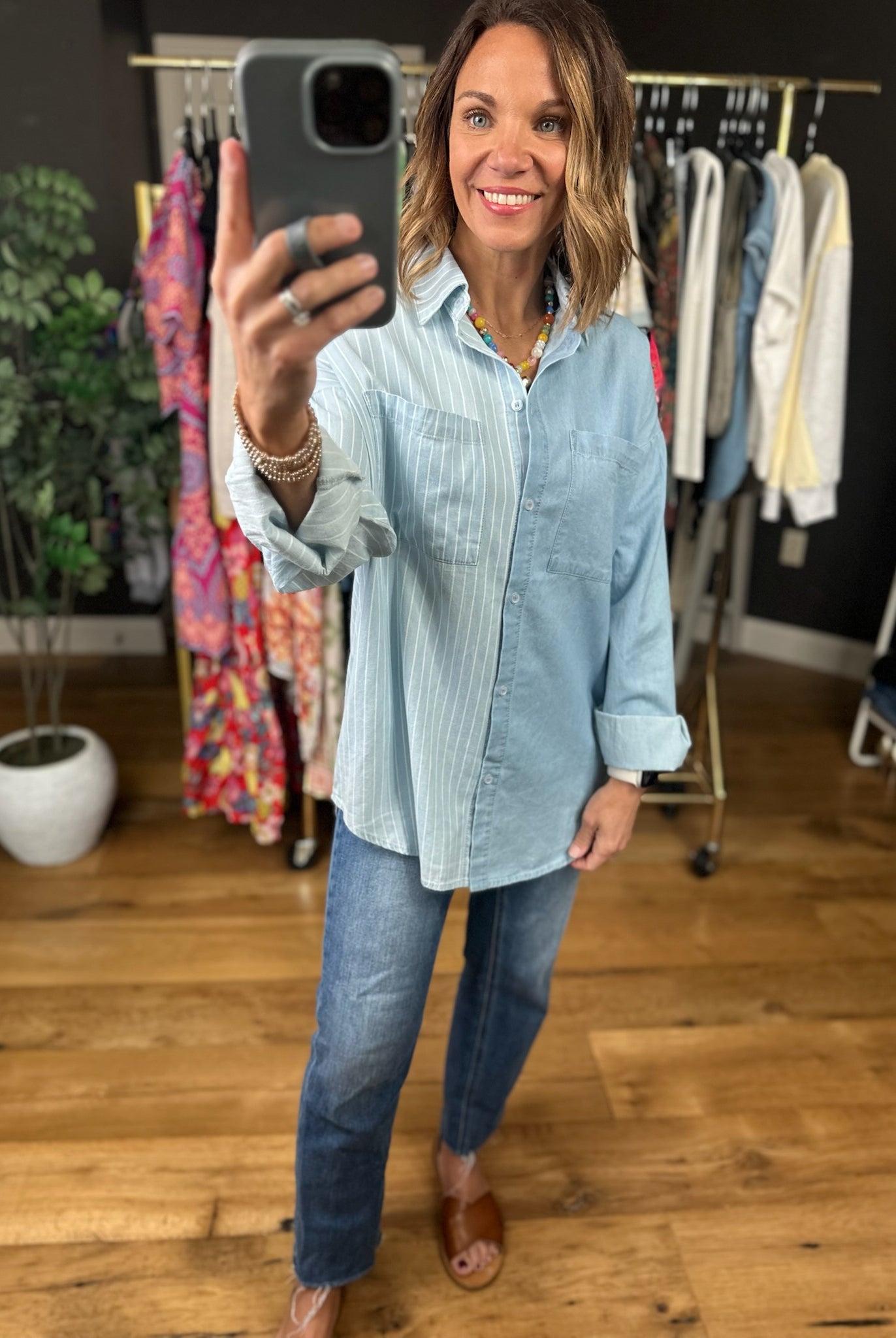 In The Clouds Two-Toned Denim Top-Sweaters-ee:some-Anna Kaytes Boutique, Women's Fashion Boutique in Grinnell, Iowa