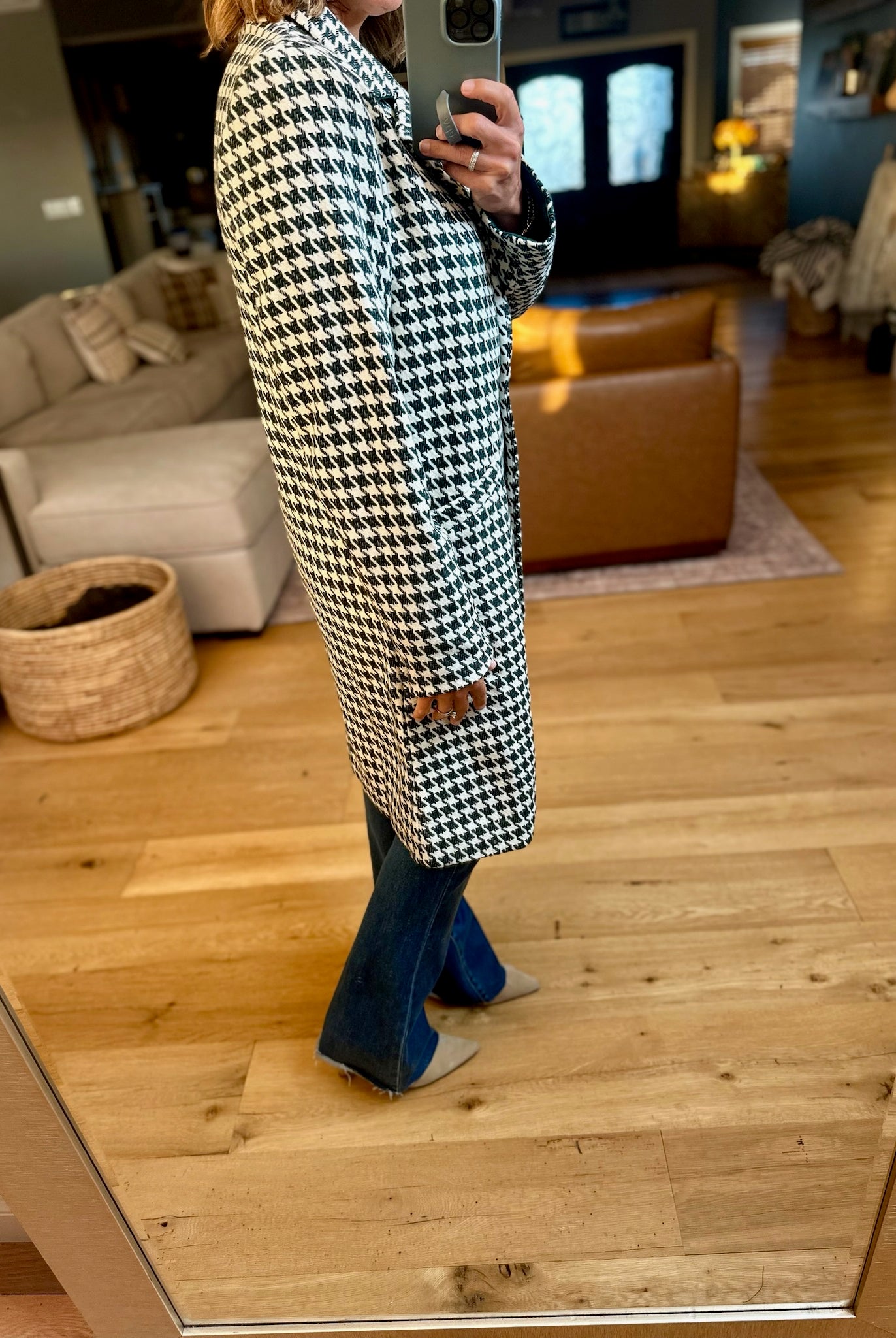 The Elliott Houndstooth Coat - Hunter Green-Jackets-Skies Are Blue-Anna Kaytes Boutique, Women's Fashion Boutique in Grinnell, Iowa