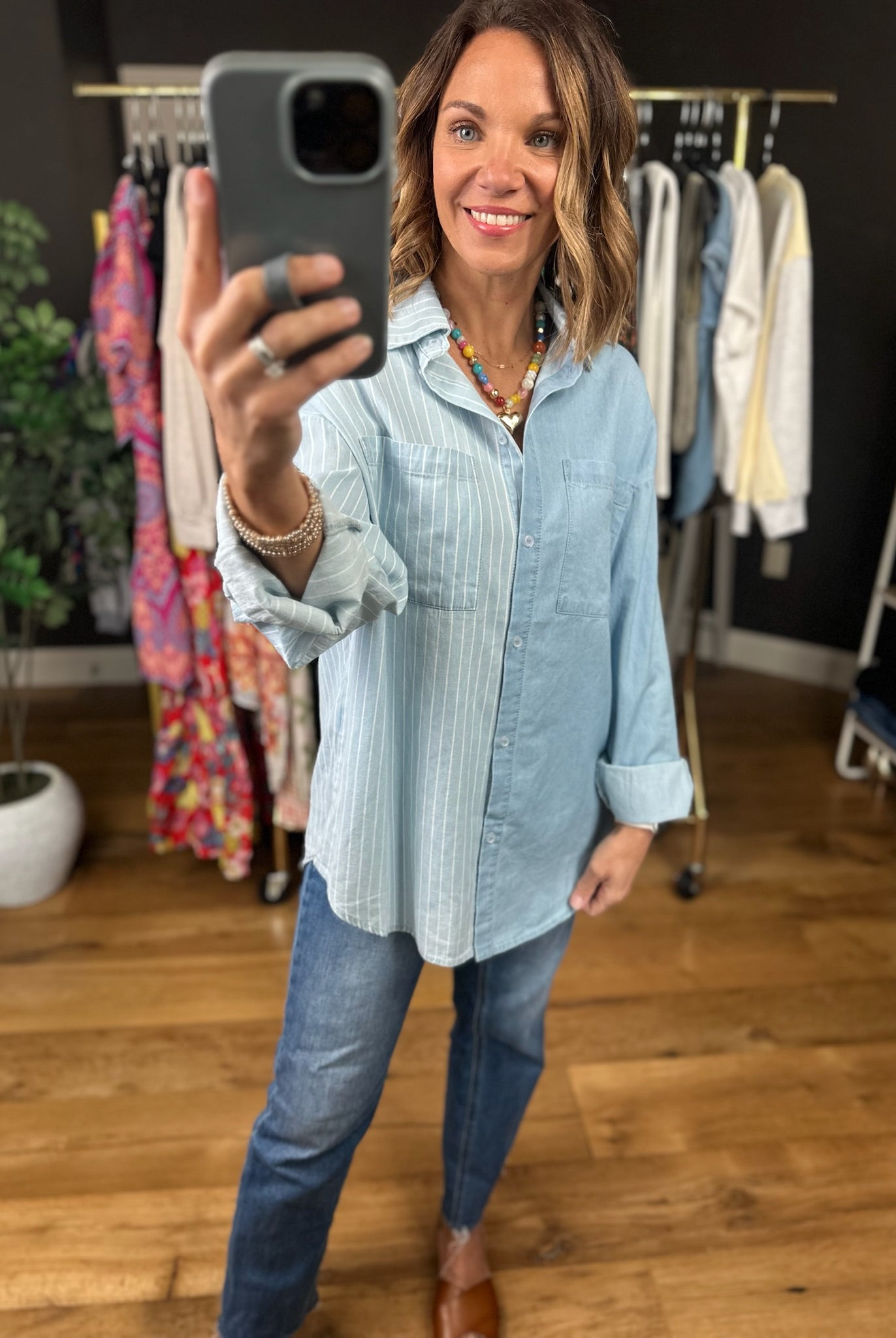 In The Clouds Two-Toned Denim Top-Sweaters-ee:some-Anna Kaytes Boutique, Women's Fashion Boutique in Grinnell, Iowa