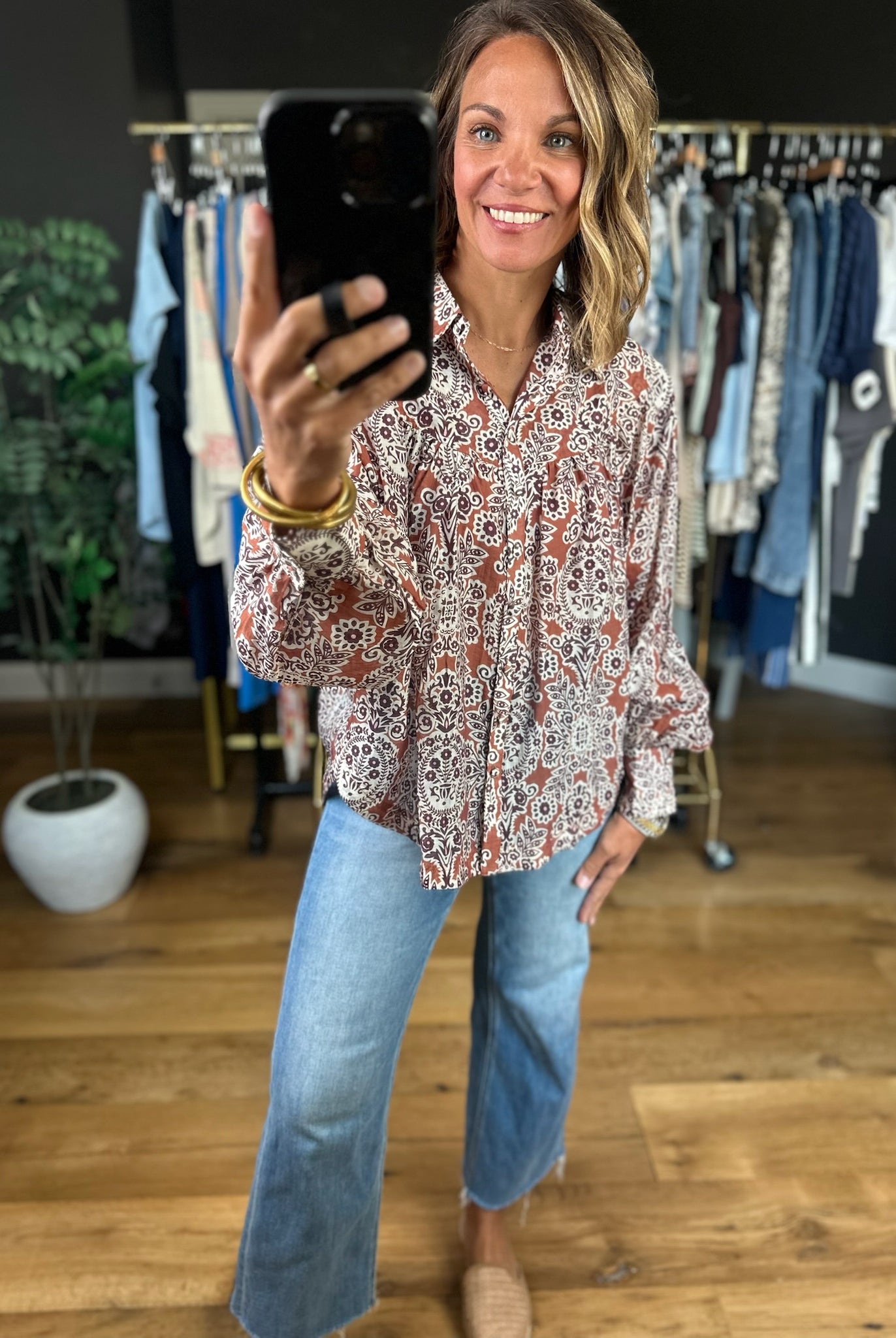 Season Of Bliss Patterned Button-Down Top-Long Sleeves-ee:some-Anna Kaytes Boutique, Women's Fashion Boutique in Grinnell, Iowa