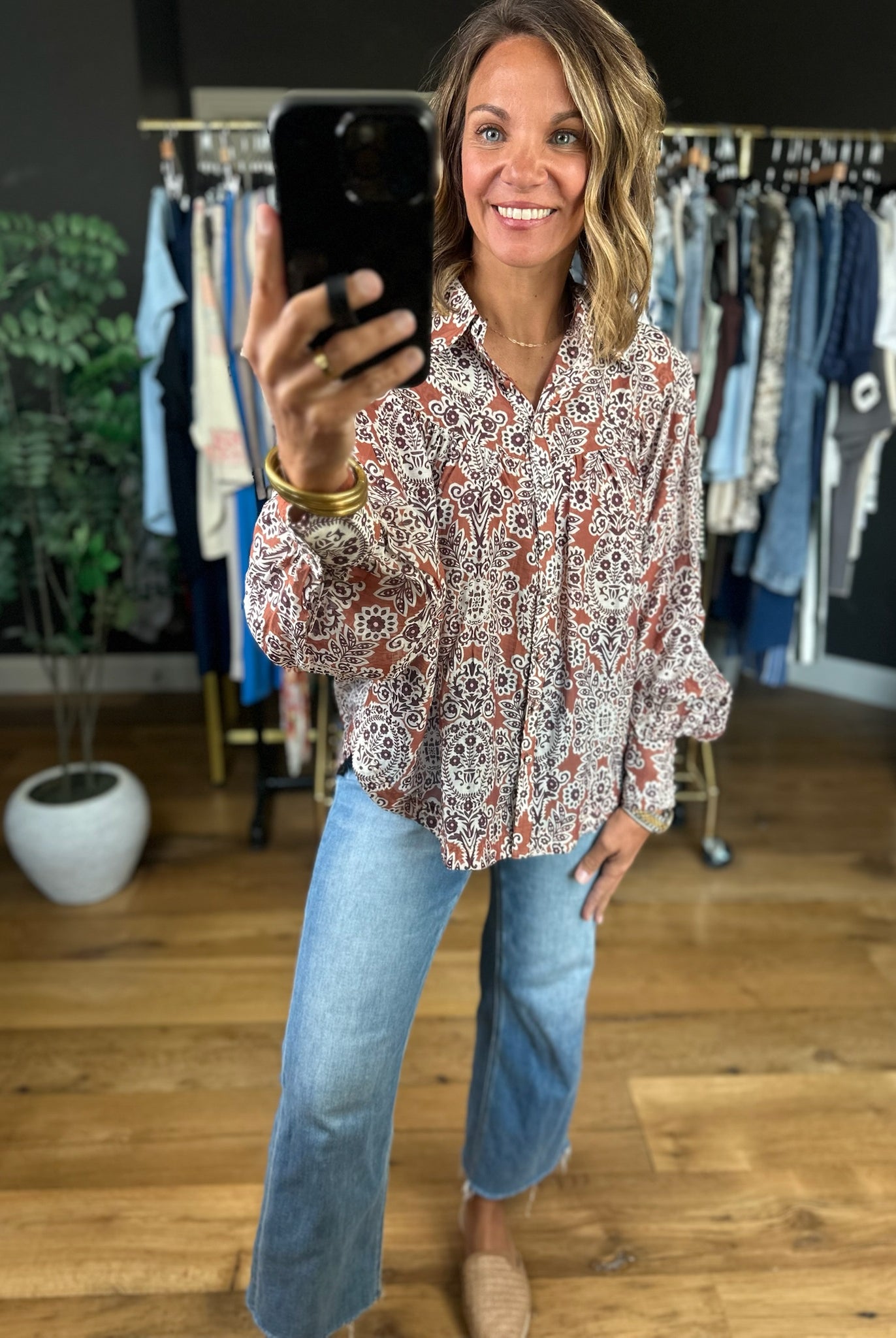 Season Of Bliss Patterned Button-Down Top-Long Sleeves-ee:some-Anna Kaytes Boutique, Women's Fashion Boutique in Grinnell, Iowa