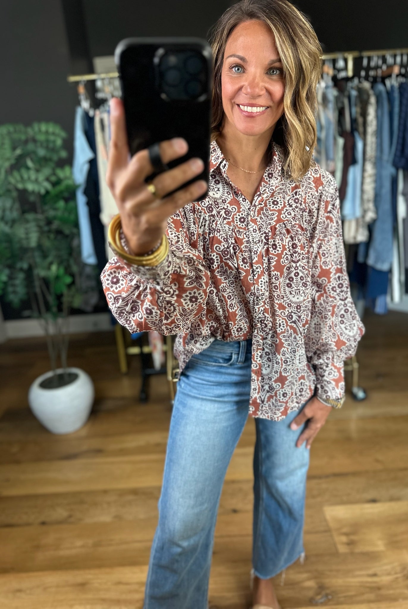 Season Of Bliss Patterned Button-Down Top-Long Sleeves-ee:some-Anna Kaytes Boutique, Women's Fashion Boutique in Grinnell, Iowa