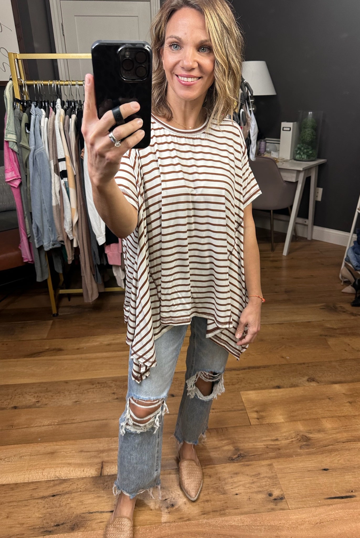 Come Together Striped Waterfall Hem Tee - Coffee-Short Sleeves-Entro T22381-Anna Kaytes Boutique, Women's Fashion Boutique in Grinnell, Iowa