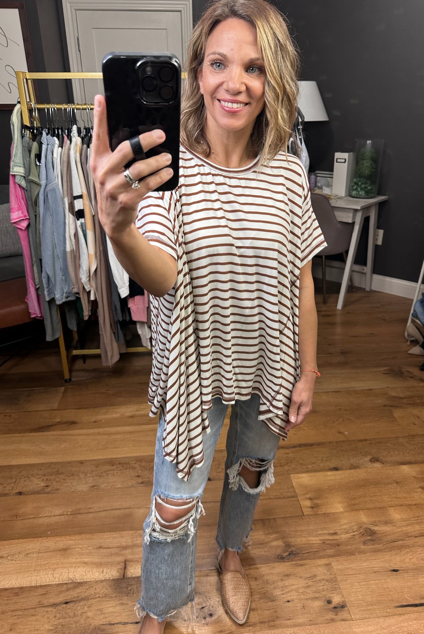 Come Together Striped Waterfall Hem Tee - Coffee-Short Sleeves-Entro T22381-Anna Kaytes Boutique, Women's Fashion Boutique in Grinnell, Iowa
