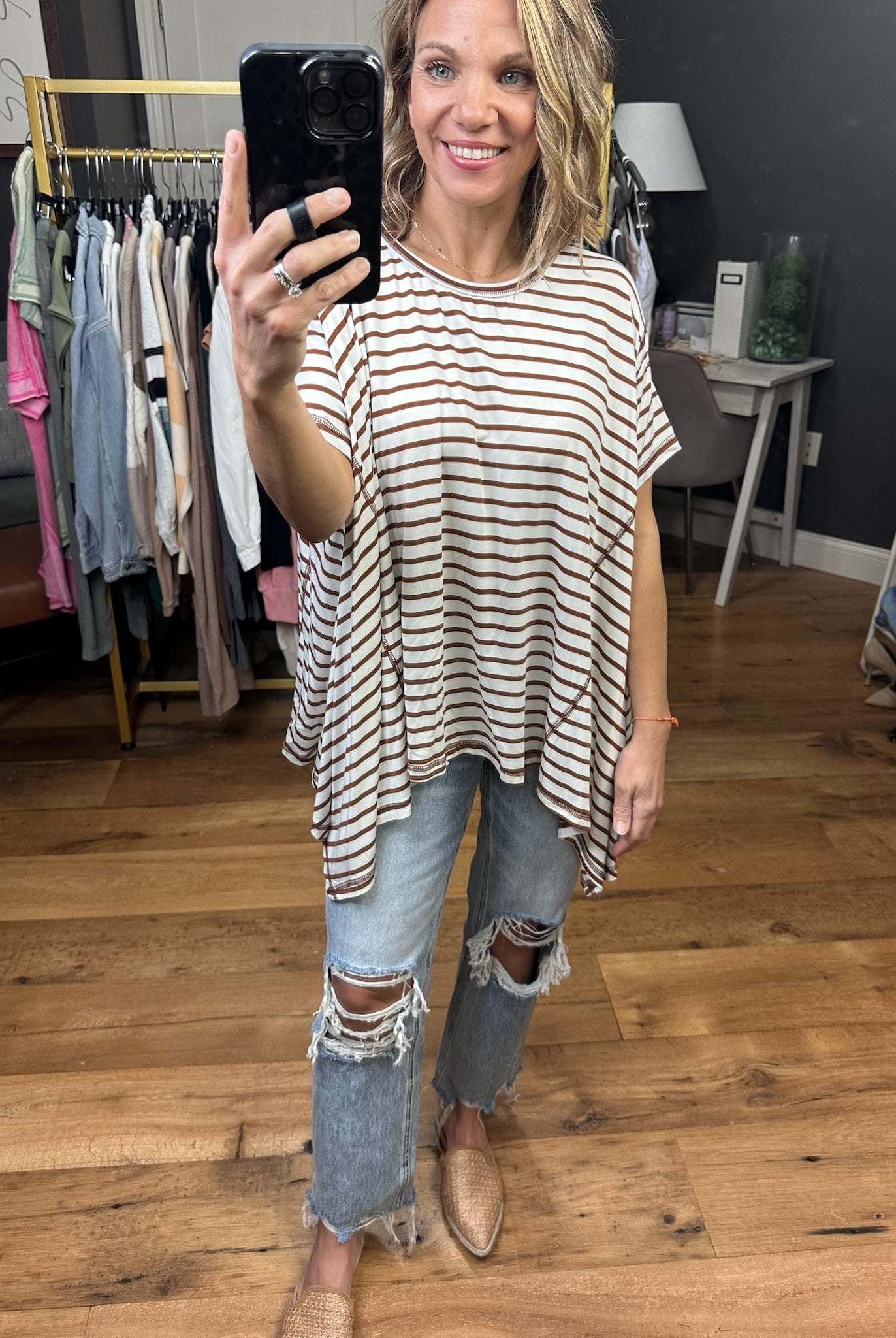 Come Together Striped Waterfall Hem Tee - Coffee-Short Sleeves-Entro T22381-Anna Kaytes Boutique, Women's Fashion Boutique in Grinnell, Iowa