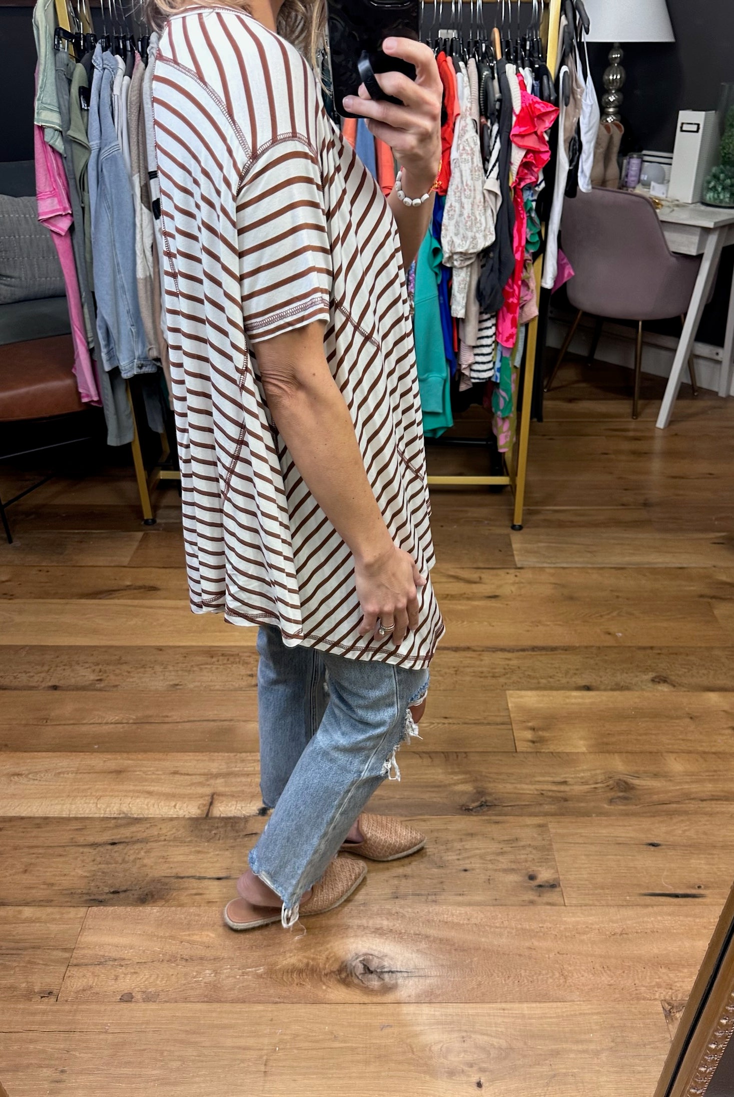 Come Together Striped Waterfall Hem Tee - Coffee-Short Sleeves-Entro T22381-Anna Kaytes Boutique, Women's Fashion Boutique in Grinnell, Iowa