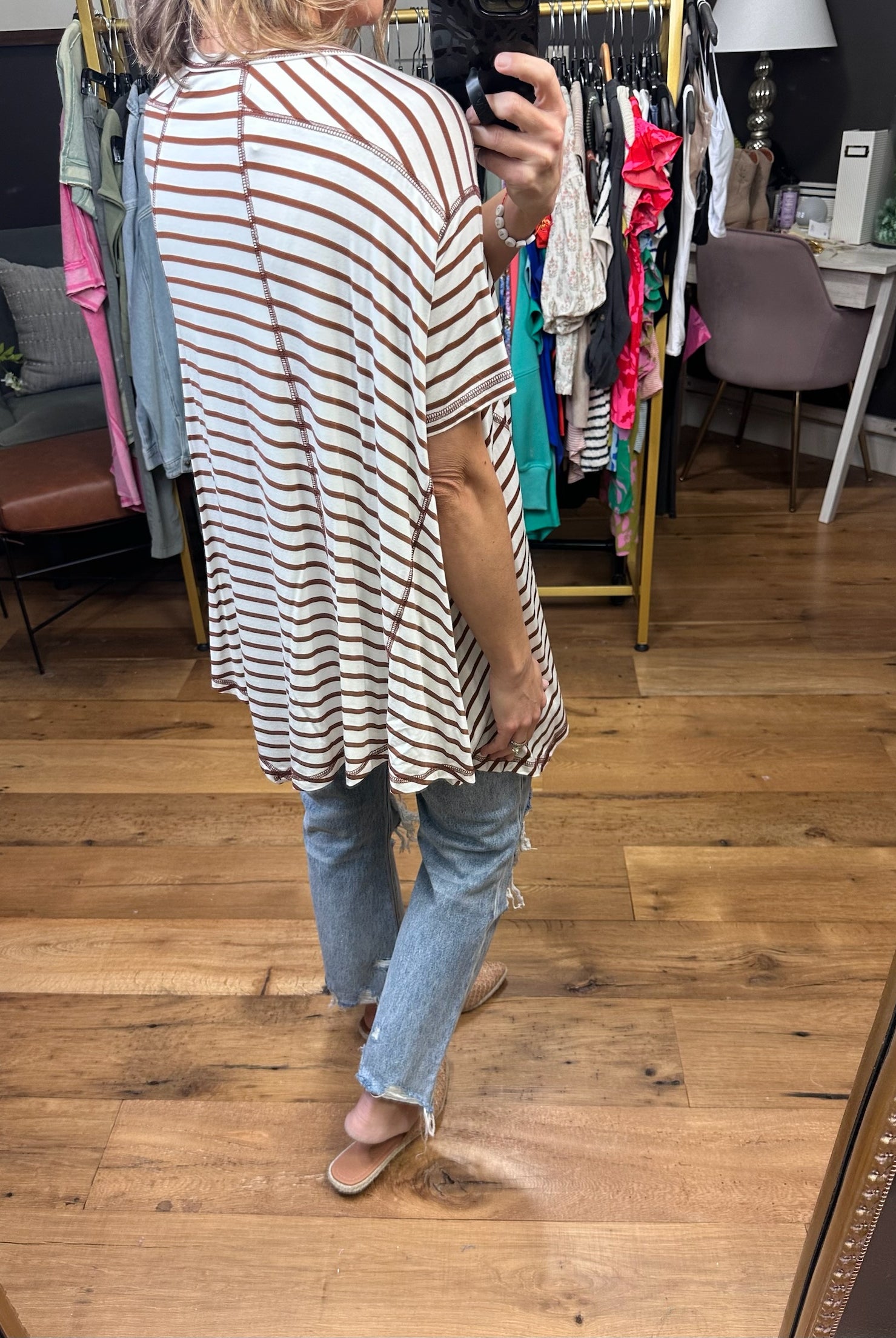 Come Together Striped Waterfall Hem Tee - Coffee-Short Sleeves-Entro T22381-Anna Kaytes Boutique, Women's Fashion Boutique in Grinnell, Iowa