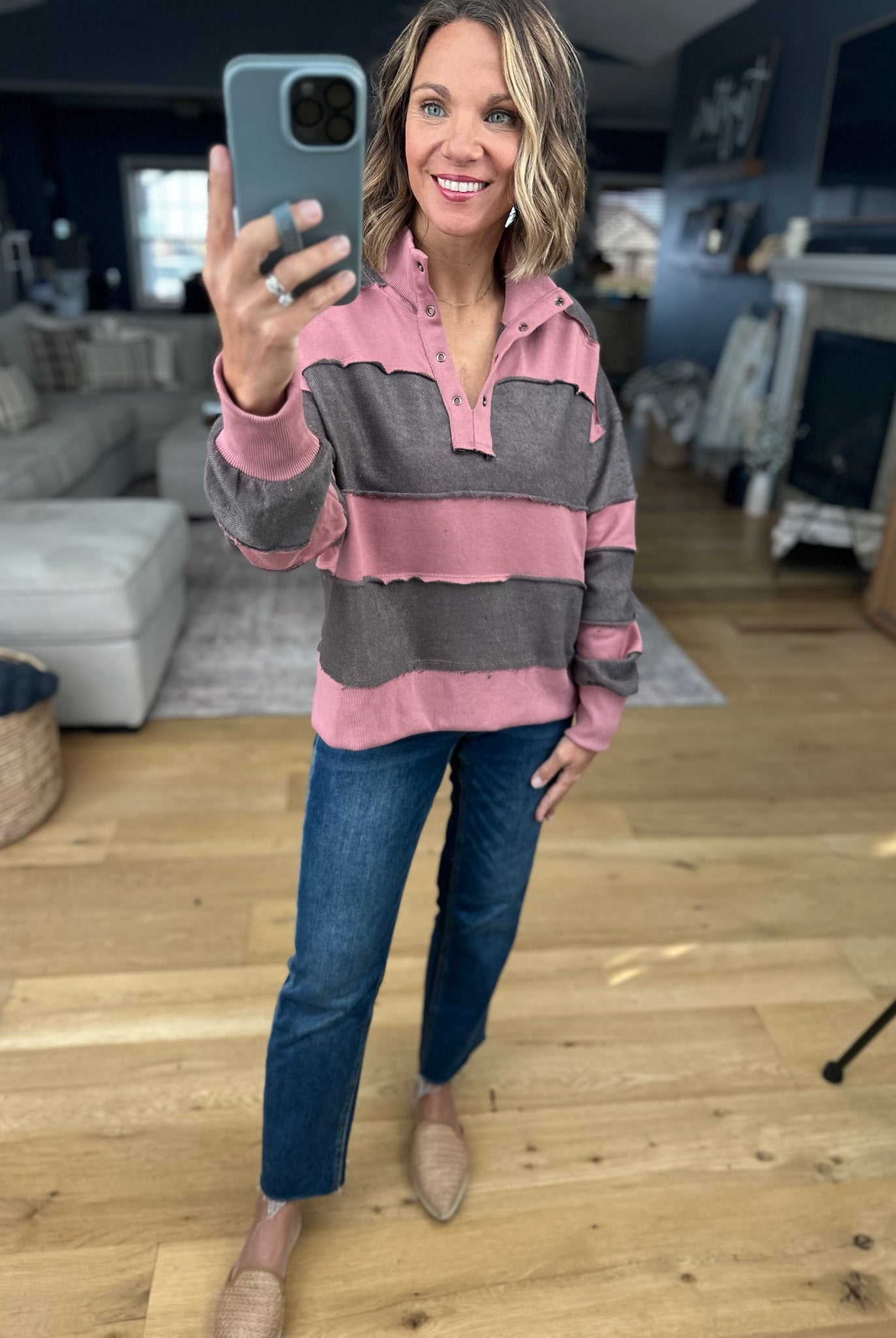 That's So True Raw-Hem Henley-Sweaters-Doe & Rae-Anna Kaytes Boutique, Women's Fashion Boutique in Grinnell, Iowa