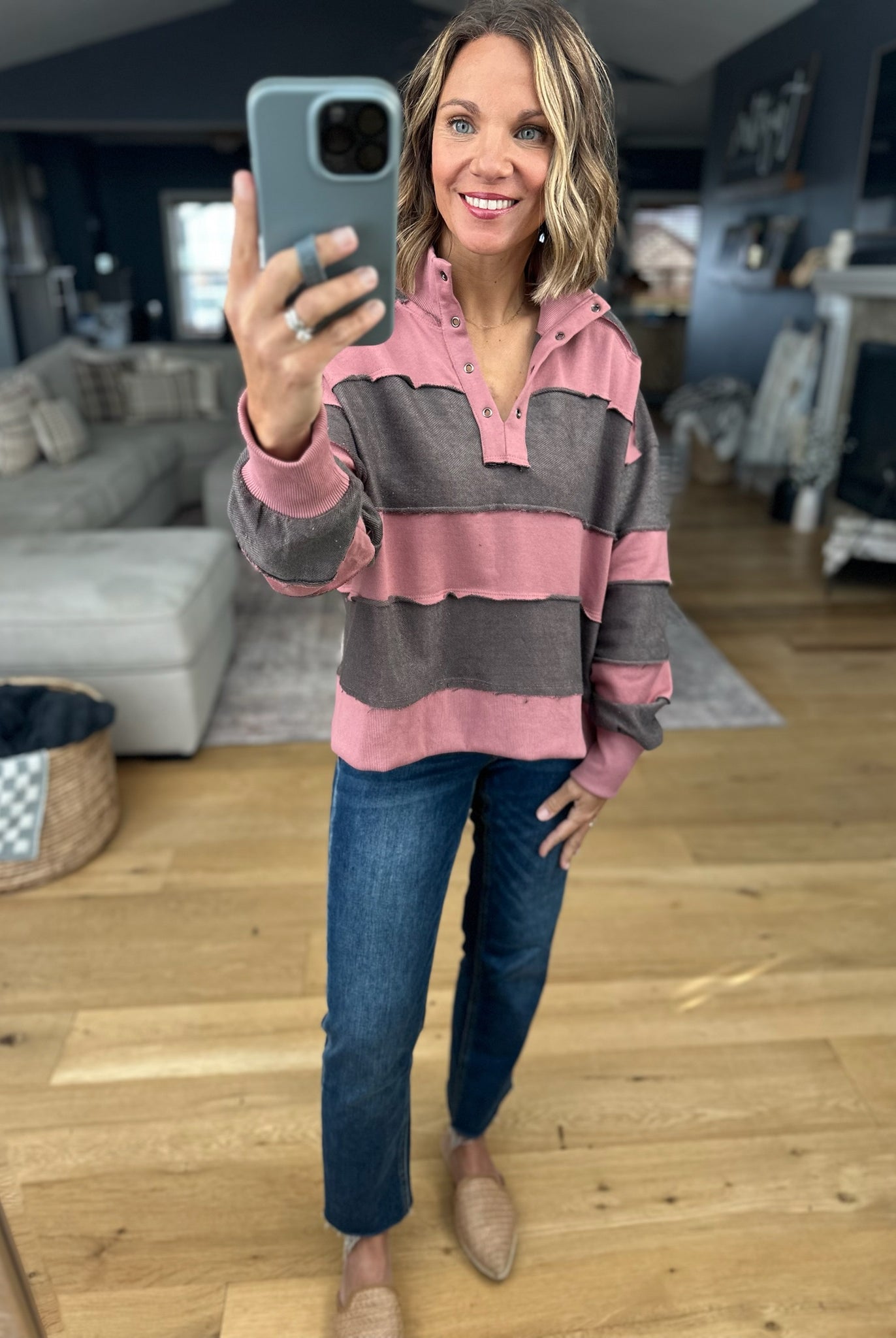 That's So True Raw-Hem Henley-Sweaters-Doe & Rae-Anna Kaytes Boutique, Women's Fashion Boutique in Grinnell, Iowa