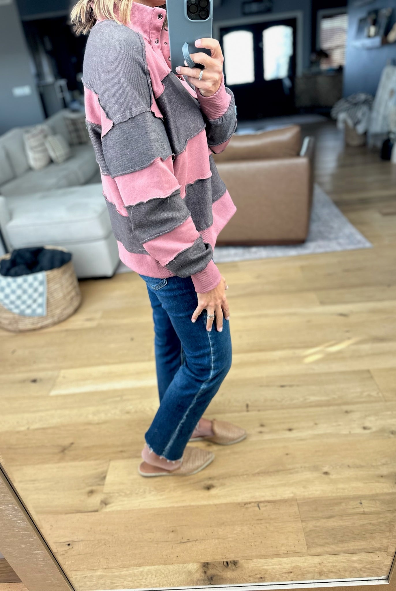 That's So True Raw-Hem Henley-Sweaters-Doe & Rae-Anna Kaytes Boutique, Women's Fashion Boutique in Grinnell, Iowa