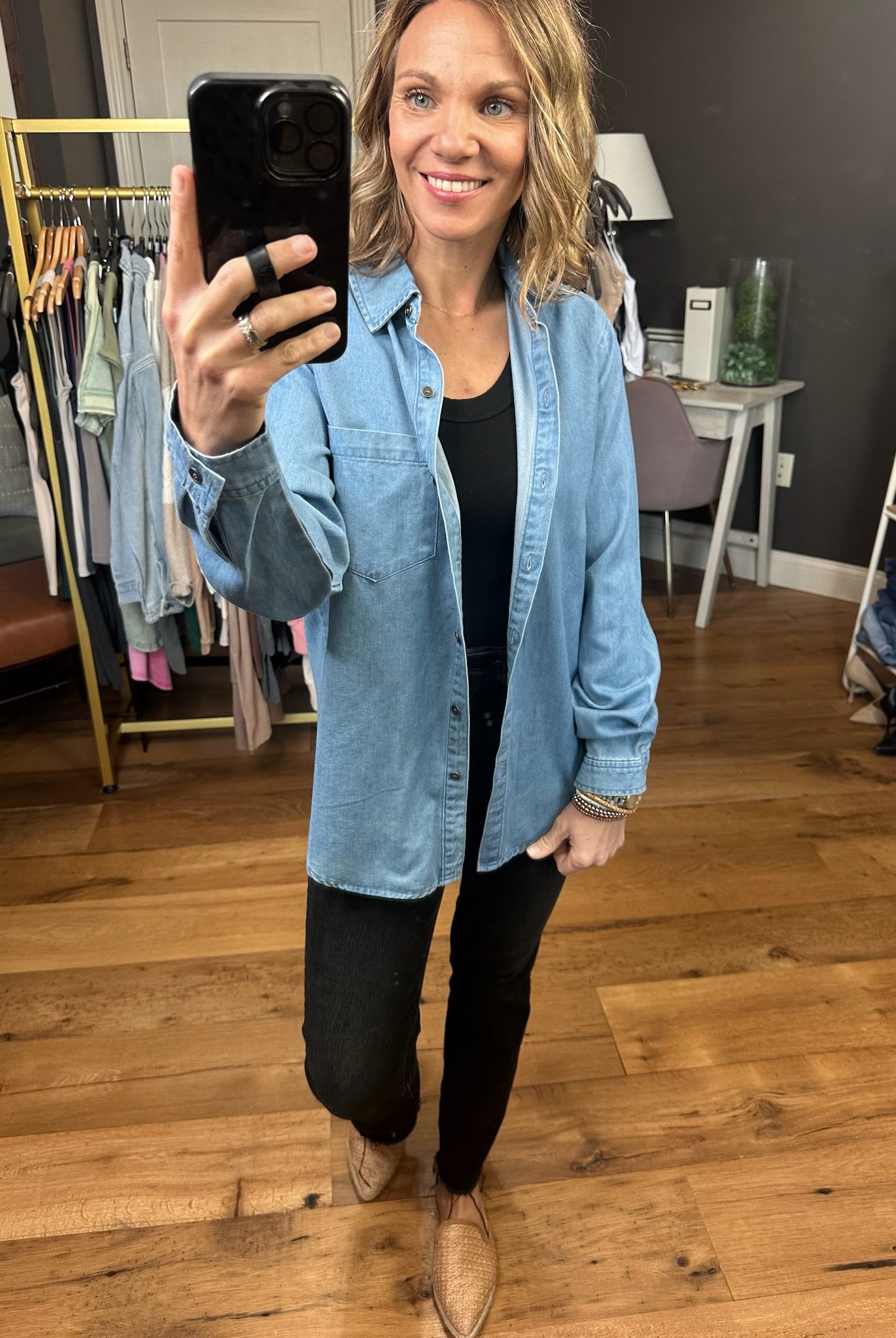 Not Giving Up Tencel Button-Down Top - Medium Wash-Long Sleeves-Be cool 19090-Anna Kaytes Boutique, Women's Fashion Boutique in Grinnell, Iowa
