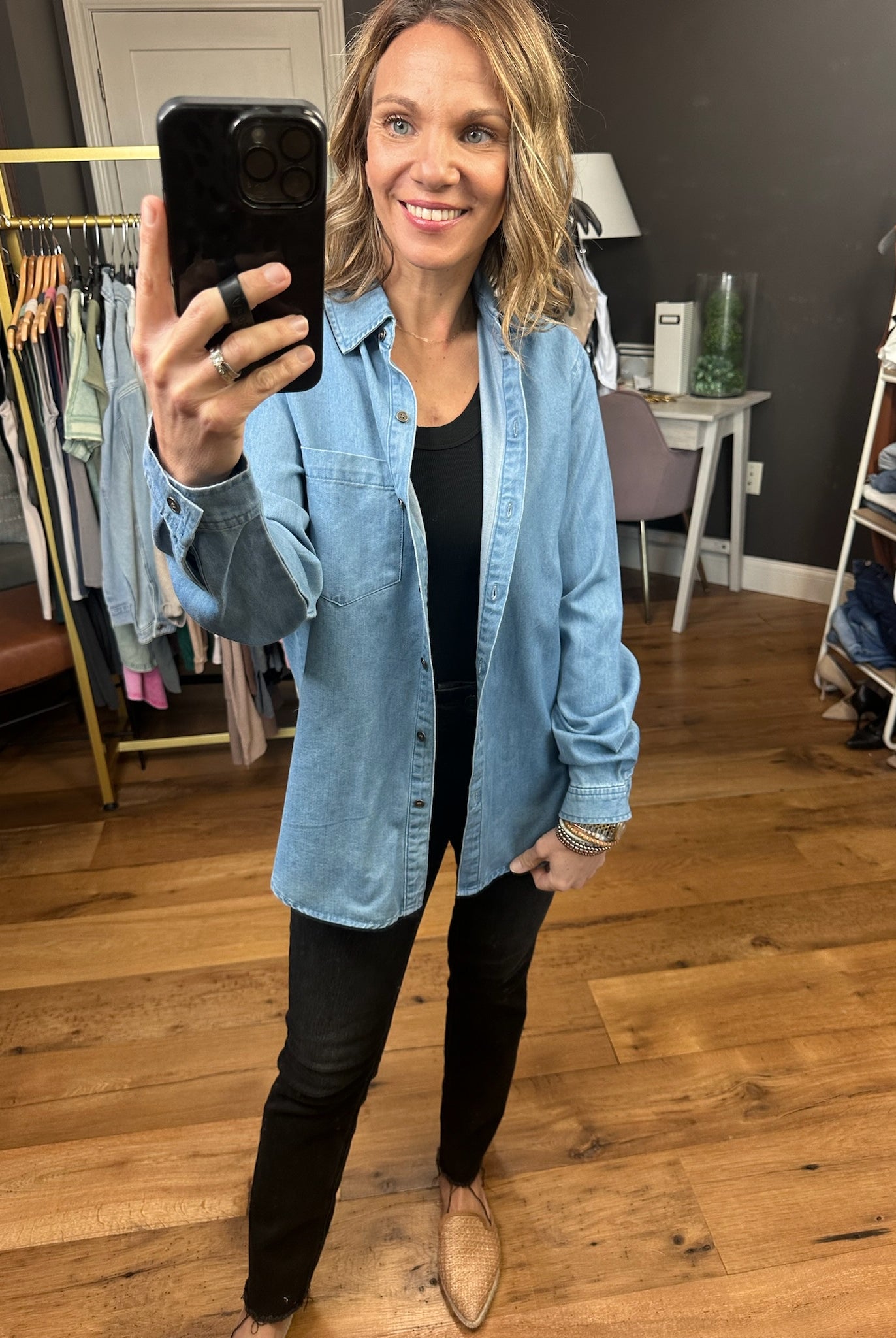 Not Giving Up Tencel Button-Down Top - Medium Wash-Long Sleeves-Be cool 19090-Anna Kaytes Boutique, Women's Fashion Boutique in Grinnell, Iowa