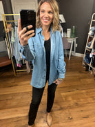 Not Giving Up Tencel Button-Down Top - Medium Wash-Long Sleeves-Be cool 19090-Anna Kaytes Boutique, Women's Fashion Boutique in Grinnell, Iowa