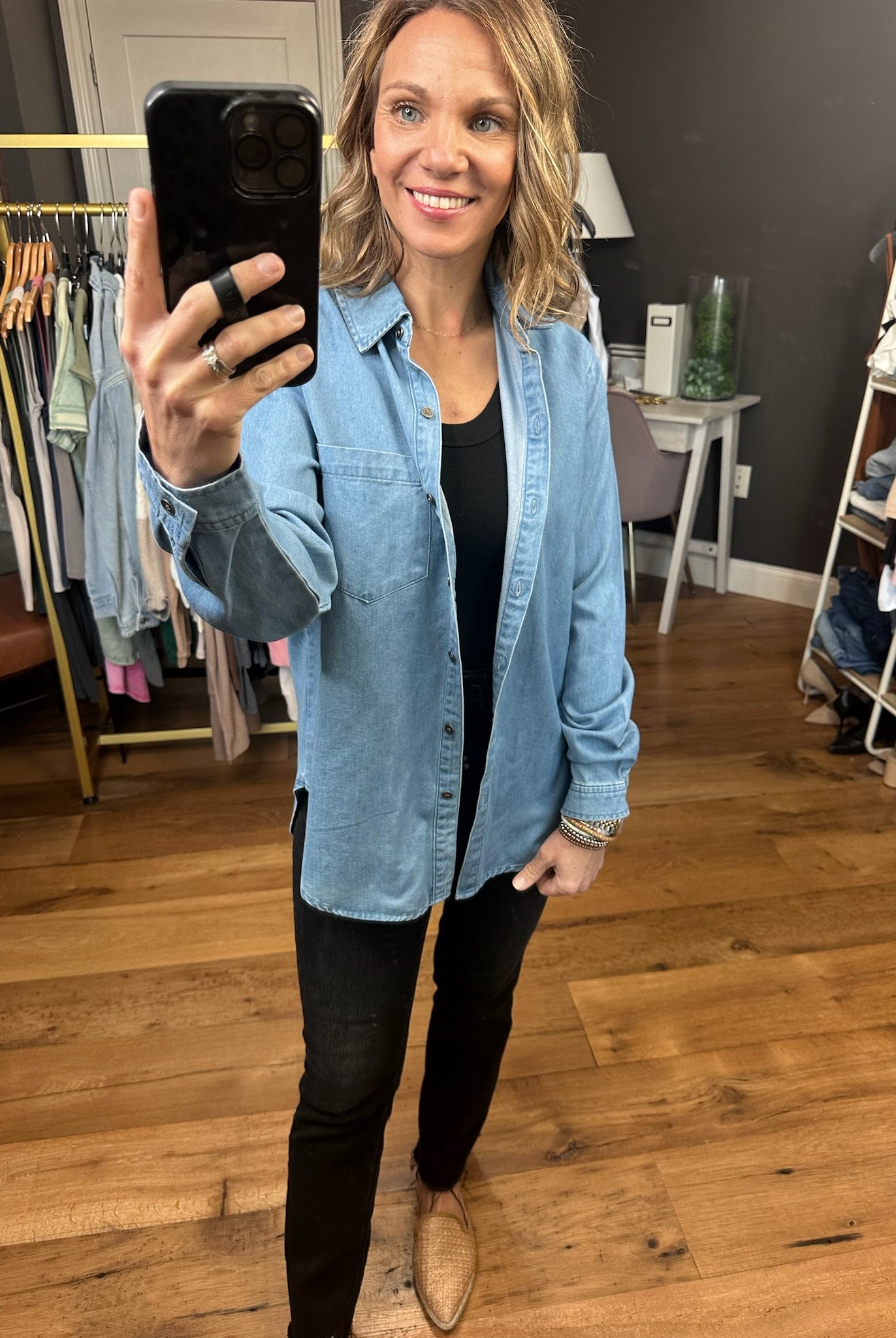 Not Giving Up Tencel Button-Down Top - Medium Wash-Long Sleeves-Be cool 19090-Anna Kaytes Boutique, Women's Fashion Boutique in Grinnell, Iowa