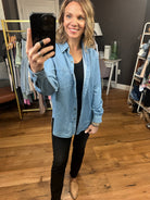 Not Giving Up Tencel Button-Down Top - Medium Wash-Long Sleeves-Be cool 19090-Anna Kaytes Boutique, Women's Fashion Boutique in Grinnell, Iowa